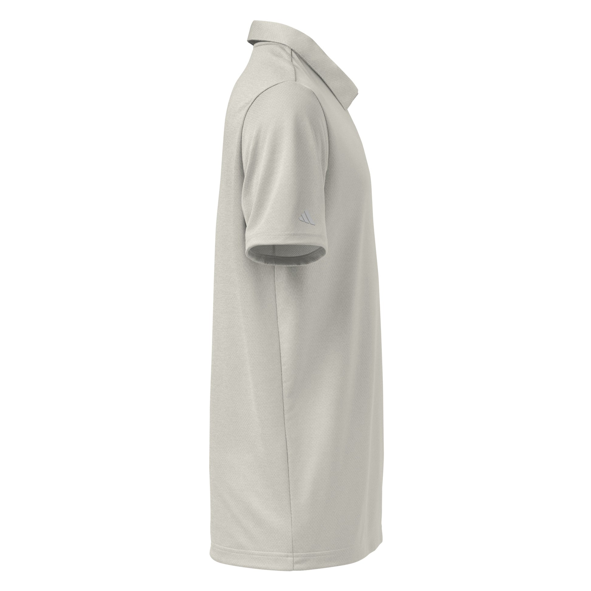 Right side view of light heather grey space-dyed Adidas polo, adidas logo on sleeve, true-to-size fit