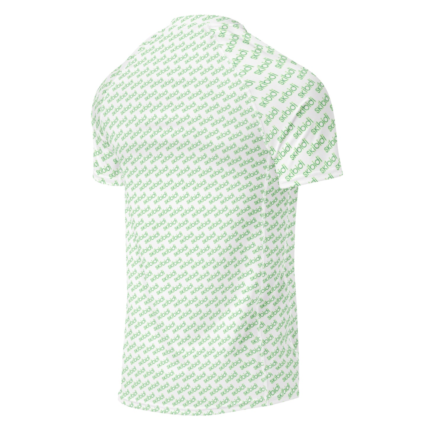 Back view of white men's rash guard covered in repeating green "skibidi" text pattern