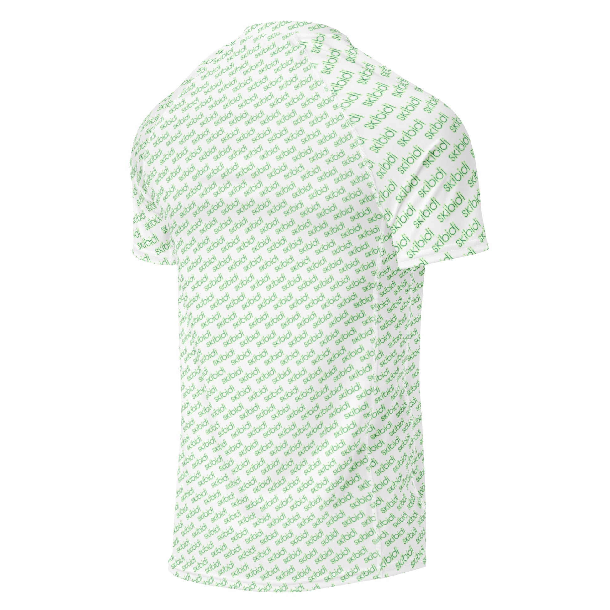 Back view of white men's rash guard covered in repeating green "skibidi" text pattern