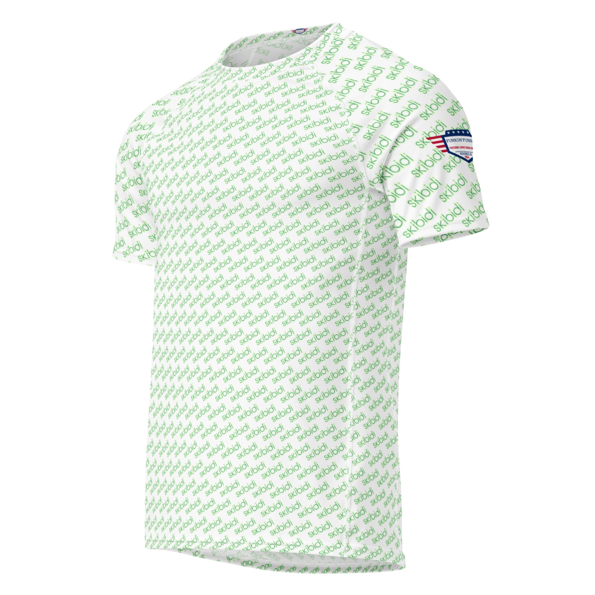 Right side view of white men's rash guard with all-over green "skibidi" print and red-white-blue flag patch on sleeve