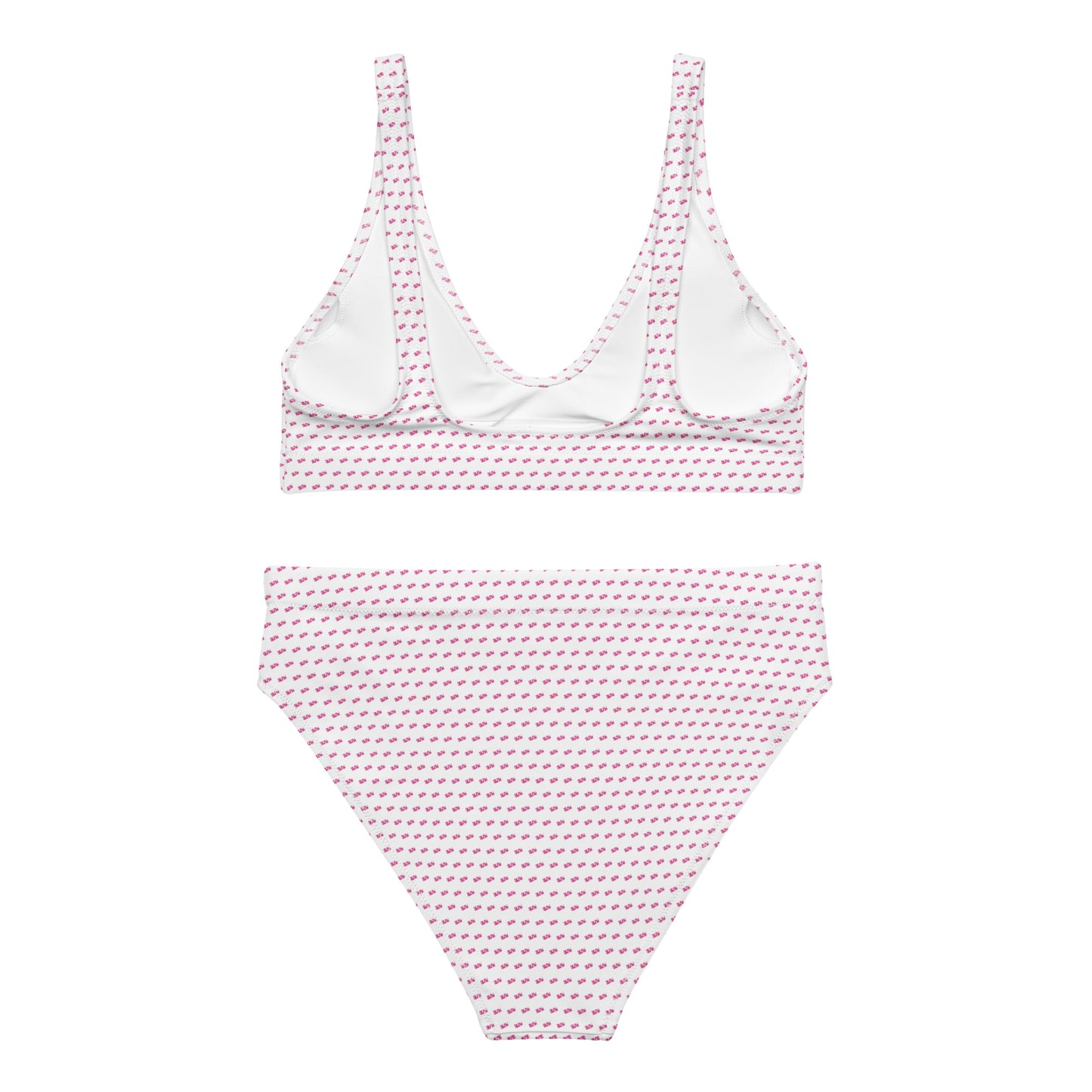 Flat front view of slay bikini top and high-waisted bottoms, white lining visible on pink geometric print fabric