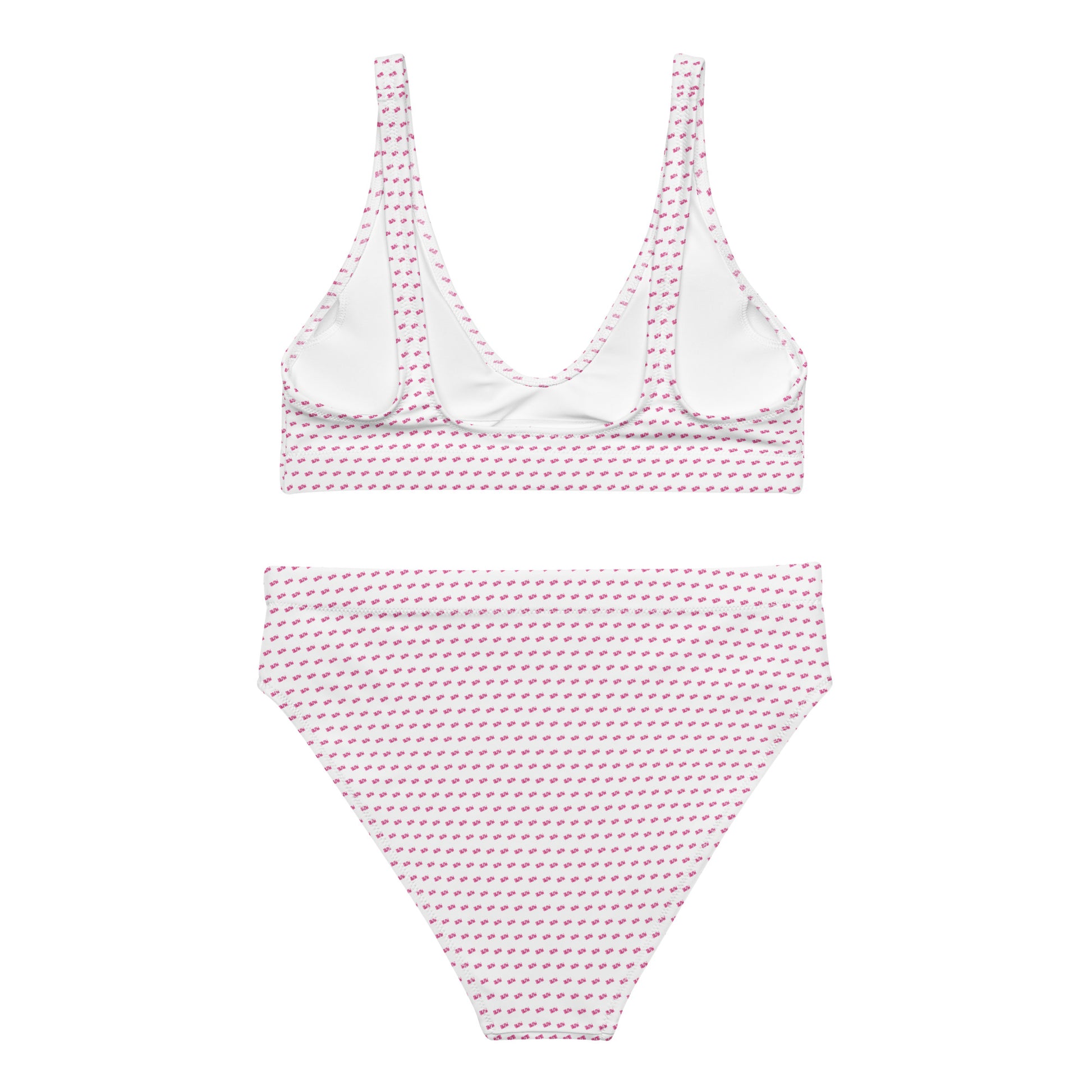 Flat front view of slay bikini top and high-waisted bottoms, white lining visible on pink geometric print fabric