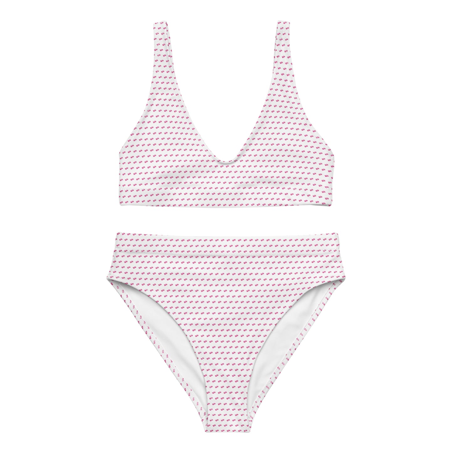 Flat front view of slay recycled high-waisted bikini set, white with all-over pink geometric print