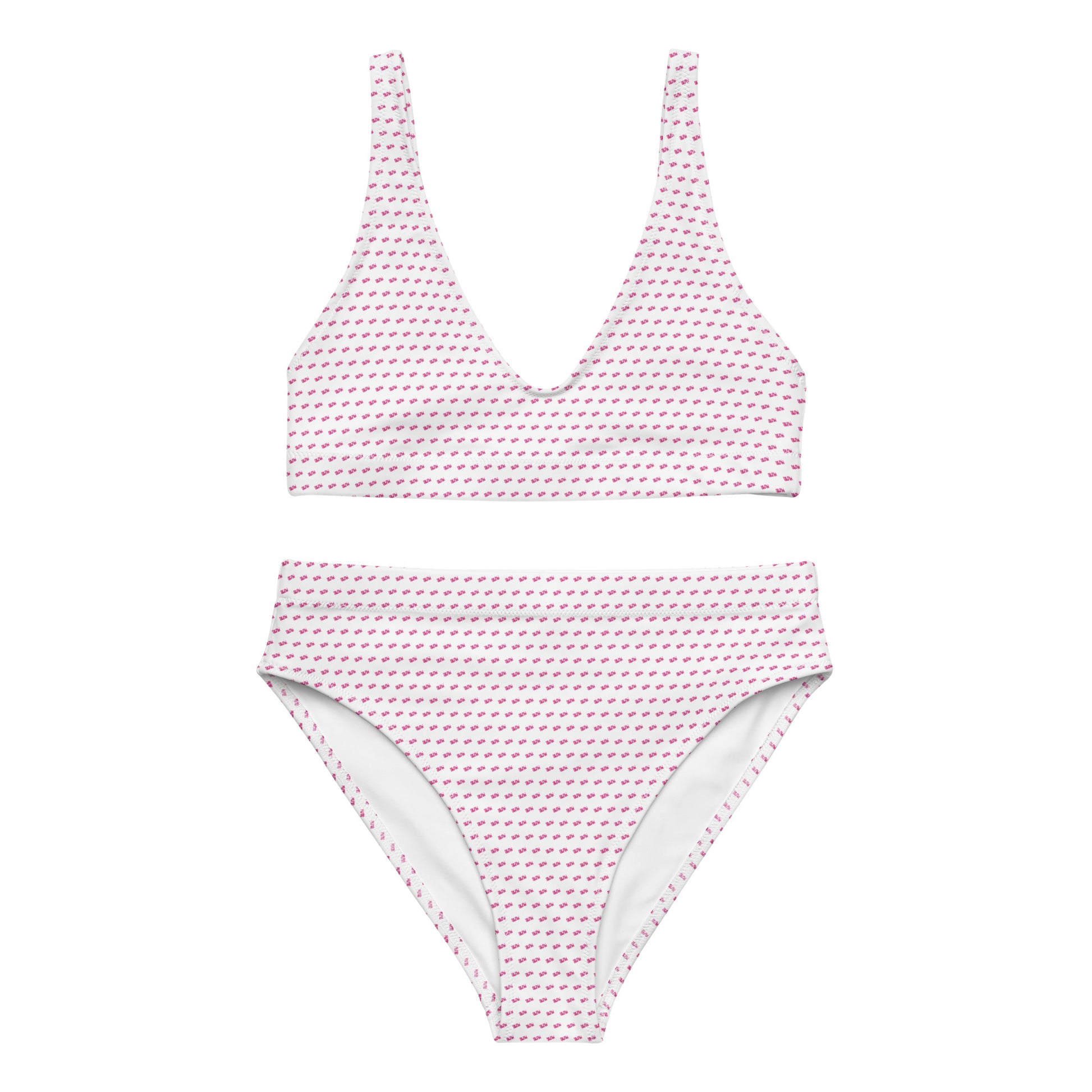 Flat front view of slay recycled high-waisted bikini set, white with all-over pink geometric print