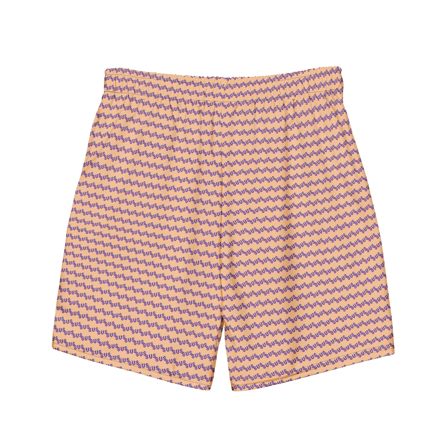 Front view of peach swim trunks featuring purple wavy "sus" all-over pattern, elastic waist up close