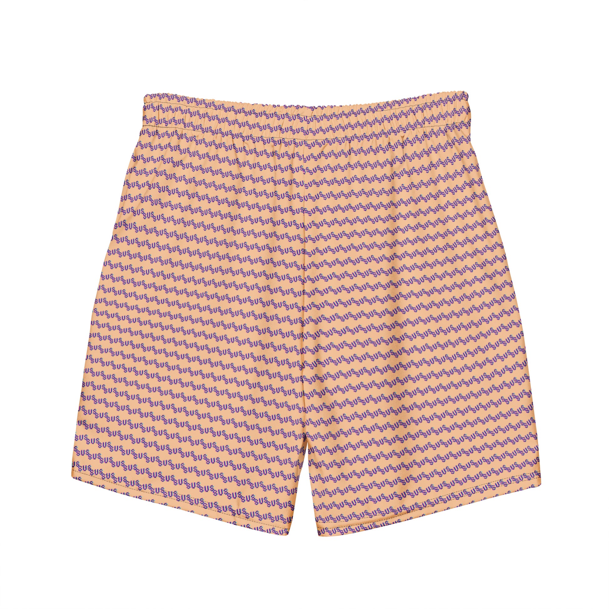 Front view of peach swim trunks featuring purple wavy "sus" all-over pattern, elastic waist up close