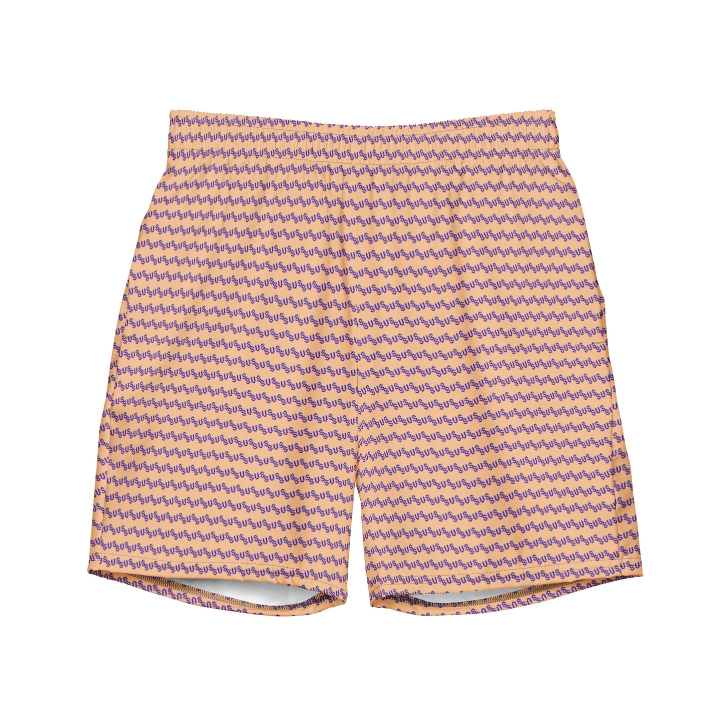 Front flat lay of peach swim trunks with all-over purple "sus" zigzag print, elastic waistband folded to show white liner