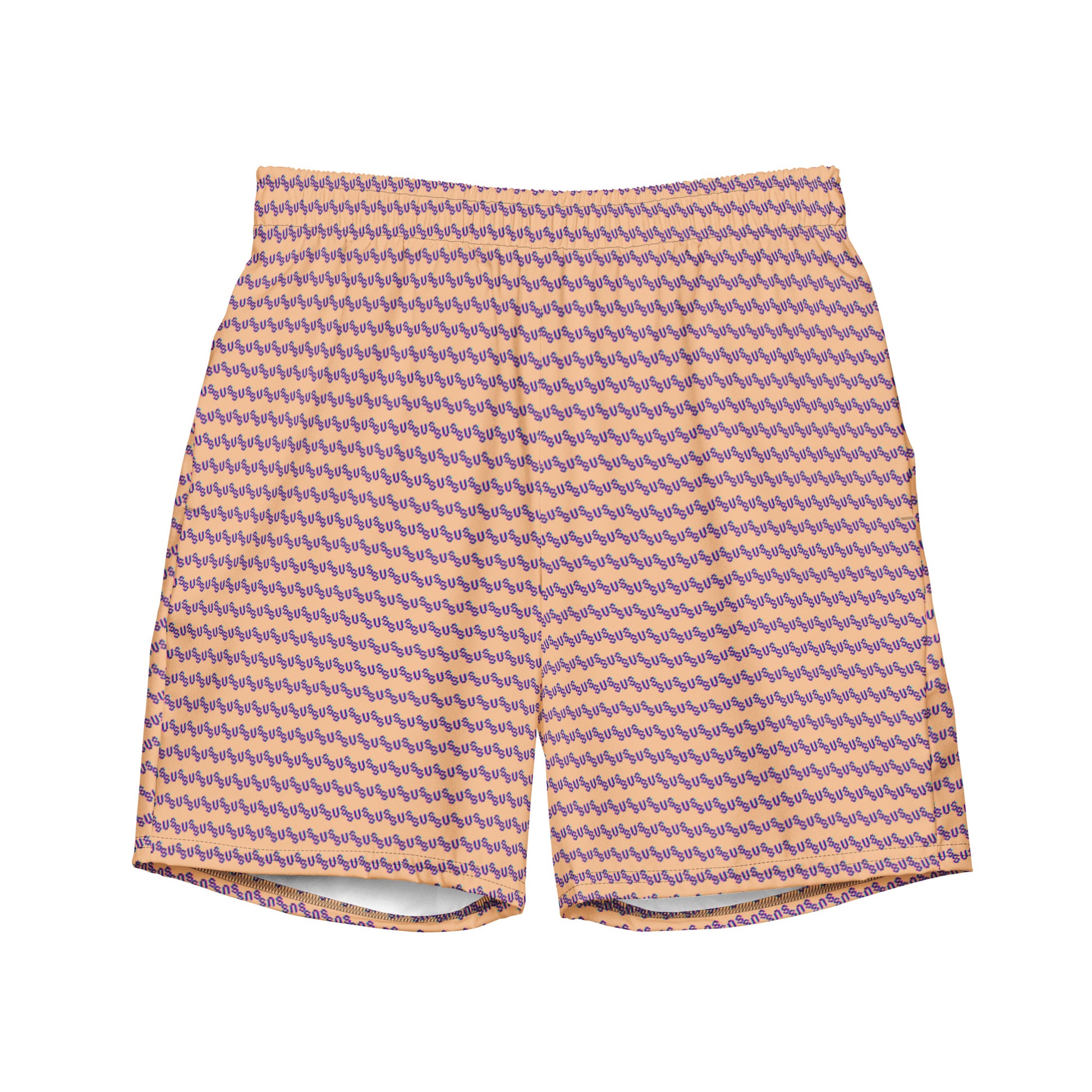 Front flat lay of peach swim trunks with all-over purple "sus" zigzag print, elastic waistband folded to show white liner