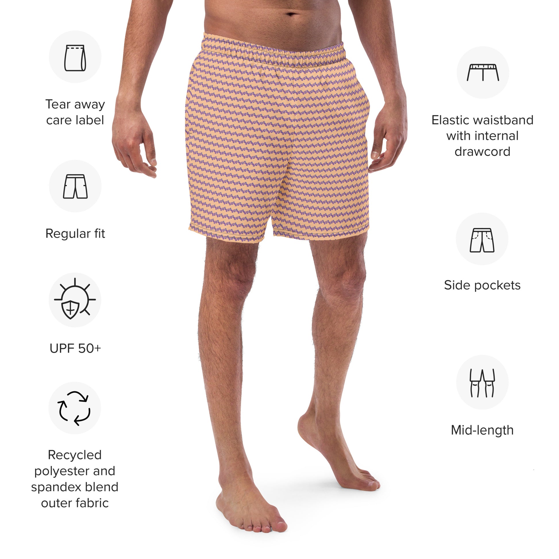 Side-front model shot of peach purple "sus" pattern trunks, highlighting elastic waistband, mid-length fit