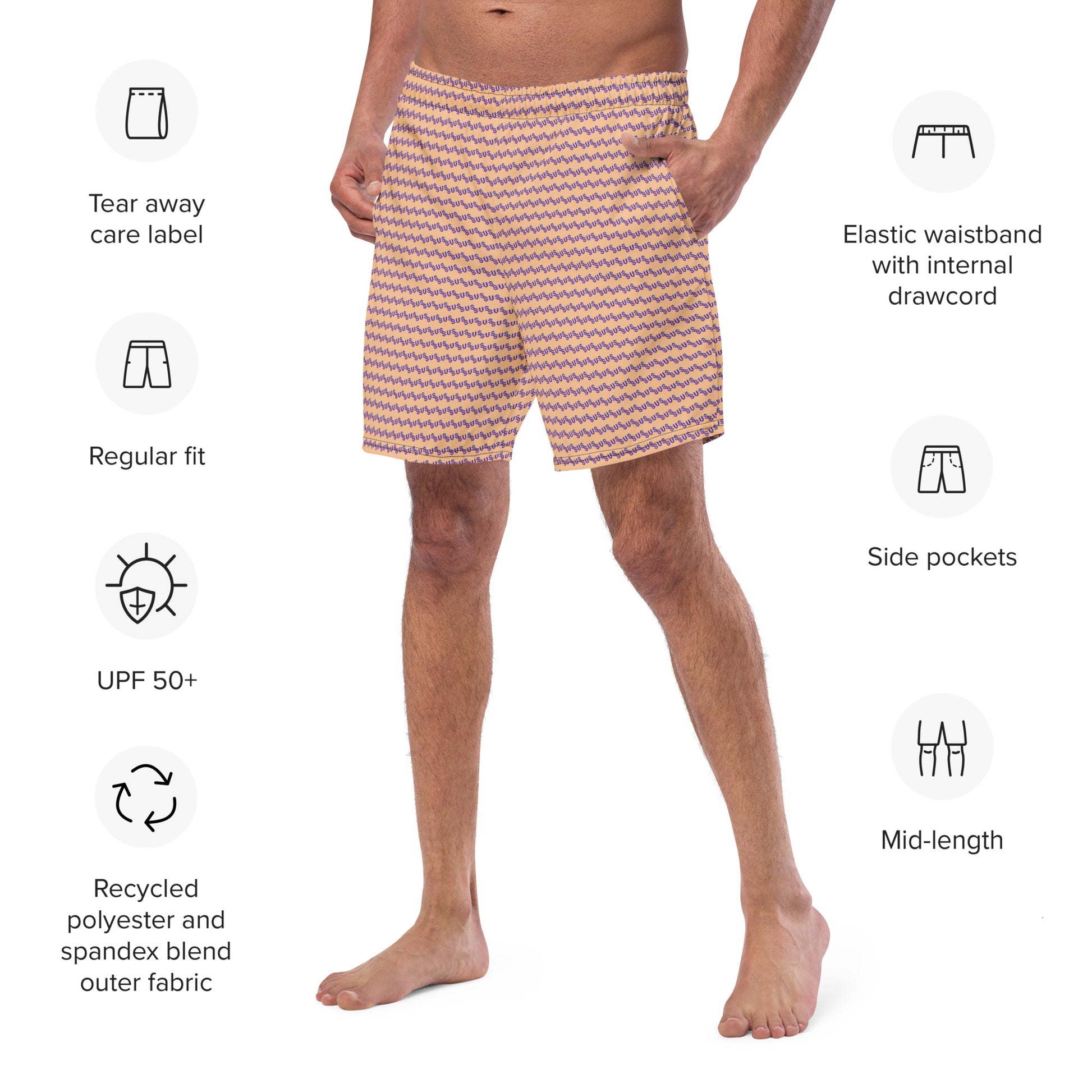 Model in peach swim trunks with purple "sus" print, posed to show drawcord, pockets, and UPF features