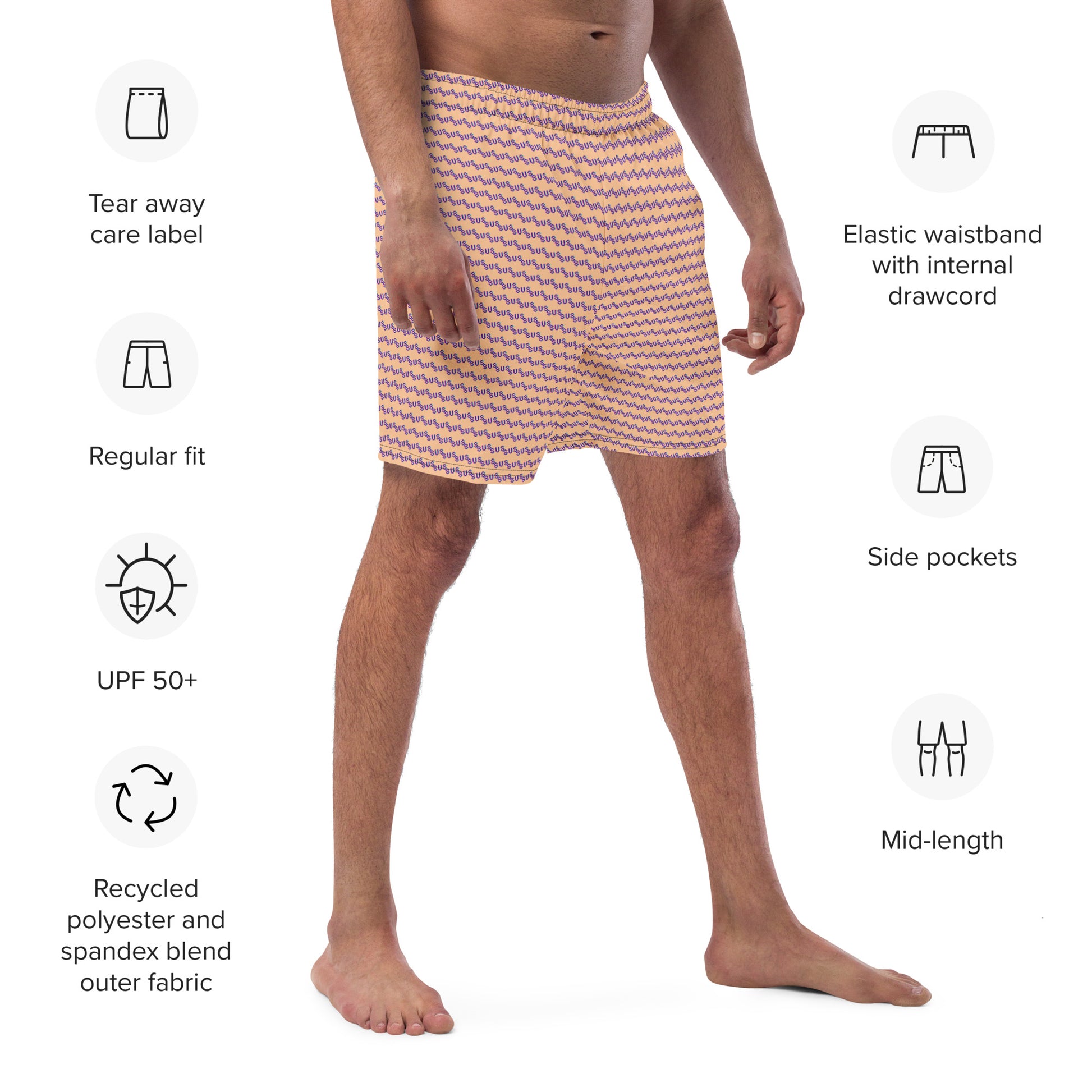 Model wearing peach "sus" print swim trunks in 3/4 view, with callouts for UPF 50+, drawcord waist, side pockets