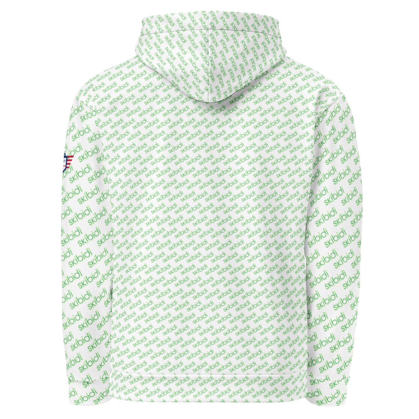 Back view of white unisex hoodie covered in repeating green "skibidi" pattern, US flag patch visible