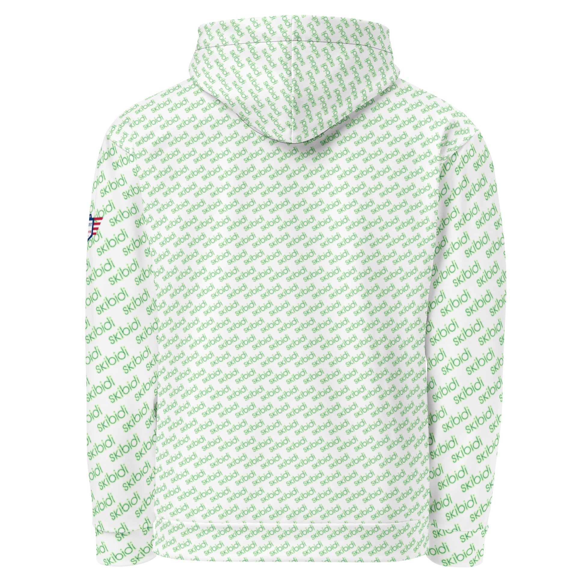 Back view of white unisex hoodie covered in repeating green "skibidi" pattern, US flag patch visible