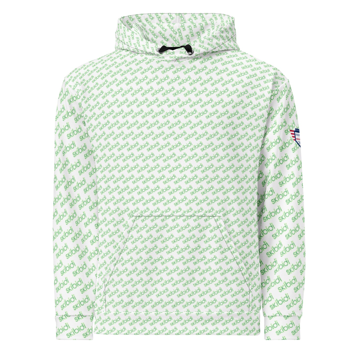 Front view of white unisex hoodie with all-over diagonal green "skibidi" text pattern and kangaroo pocket