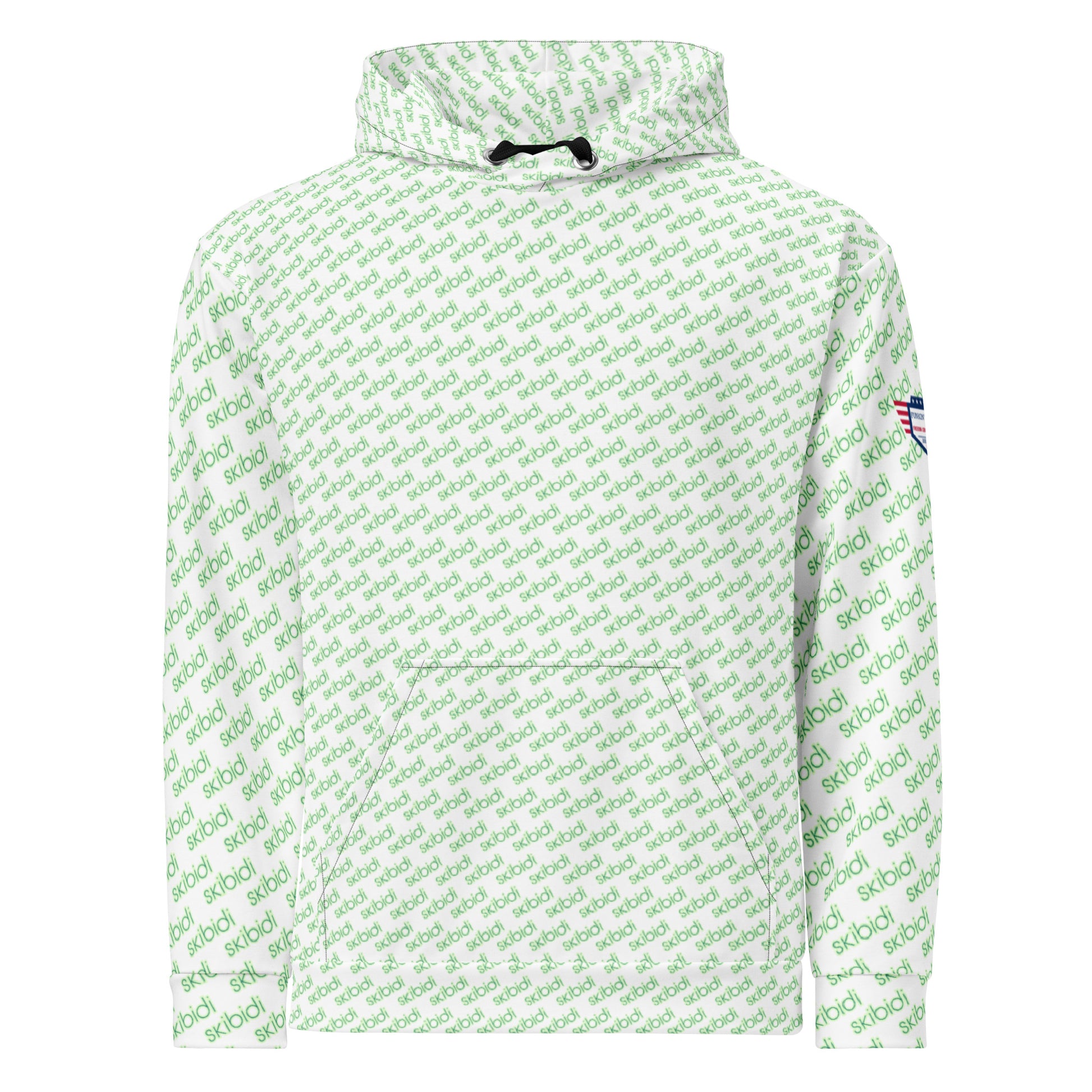 Front view of white unisex hoodie with all-over diagonal green "skibidi" text pattern and kangaroo pocket