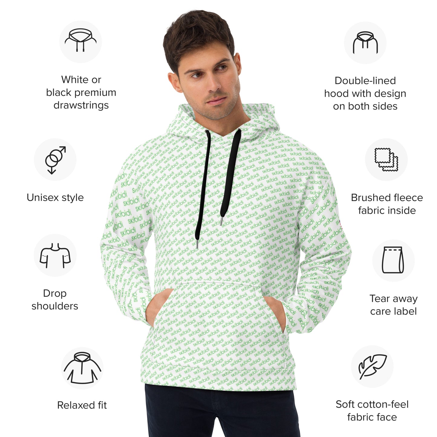 Feature graphic of man in front-view white skibidi hoodie, icons for hood, unisex fit, fleece inside