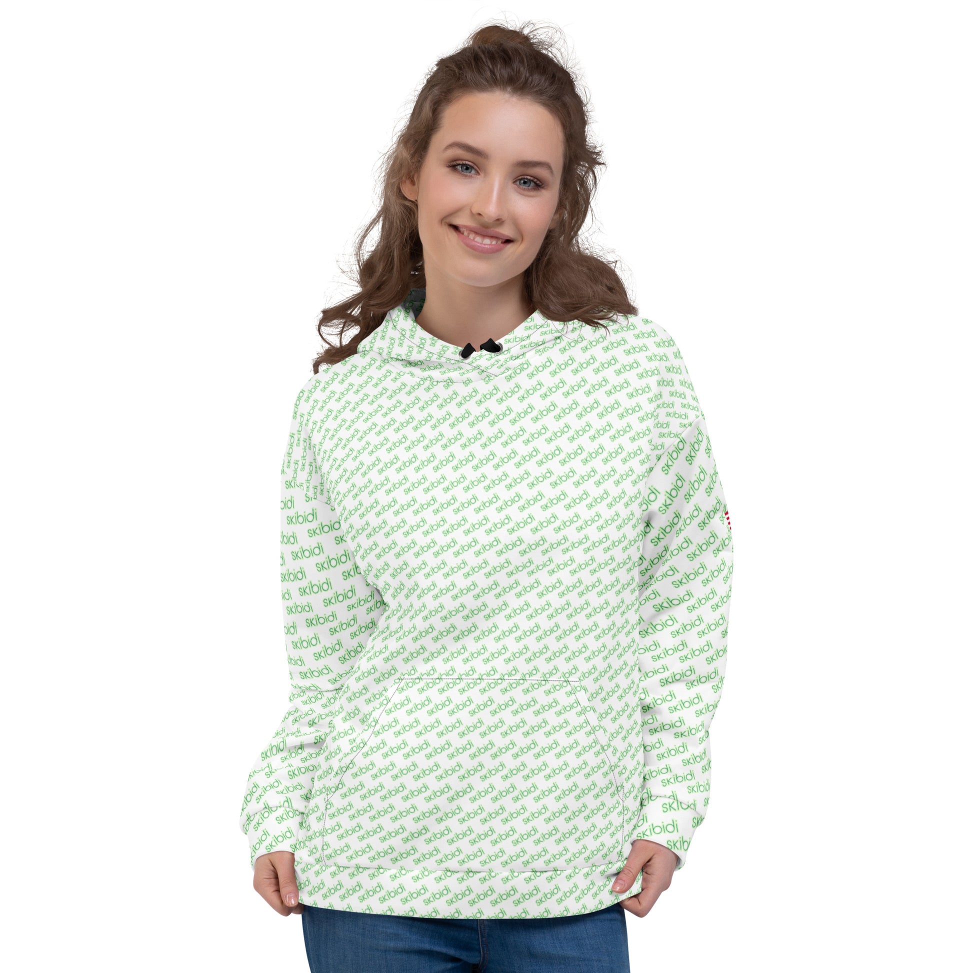 Woman smiling in front-view white unisex hoodie with green "skibidi" all-over pattern and hood up