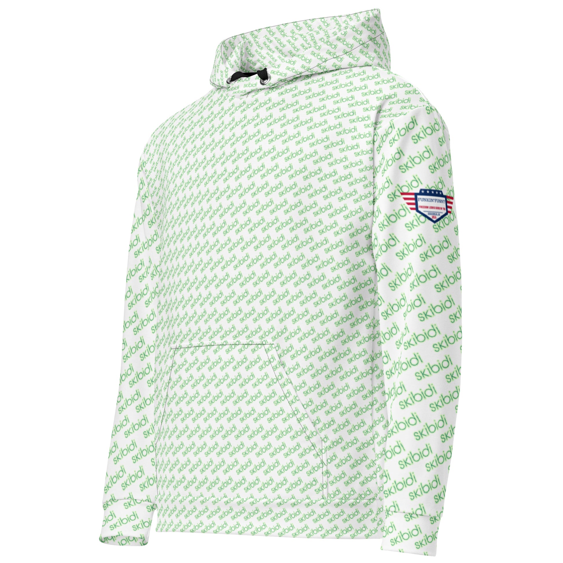 3/4 front-right view of white unisex hoodie in repeating green "skibidi" pattern, US flag patch on sleeve