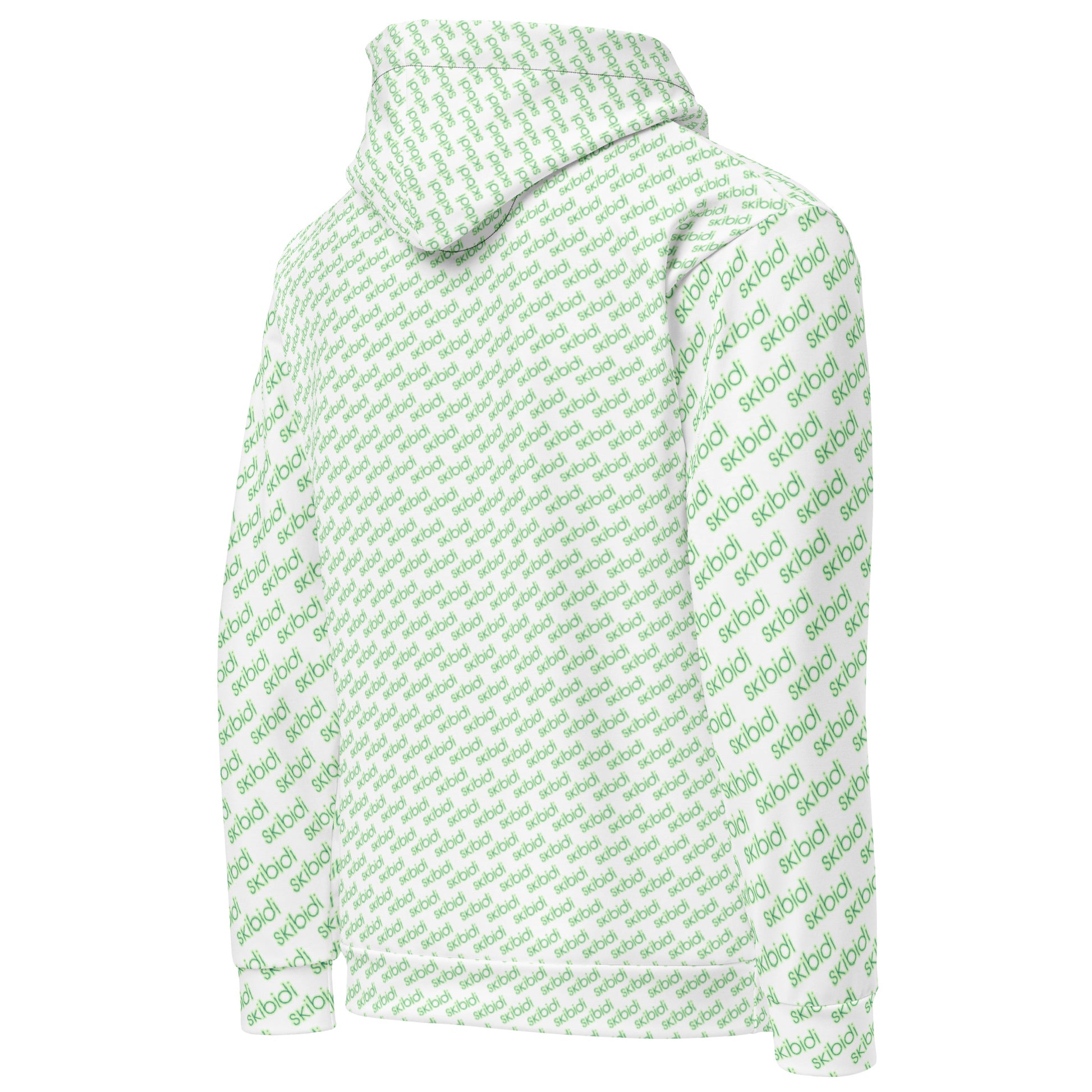 Right side view of white unisex hoodie with green "skibidi" pattern wrapping sleeves and body