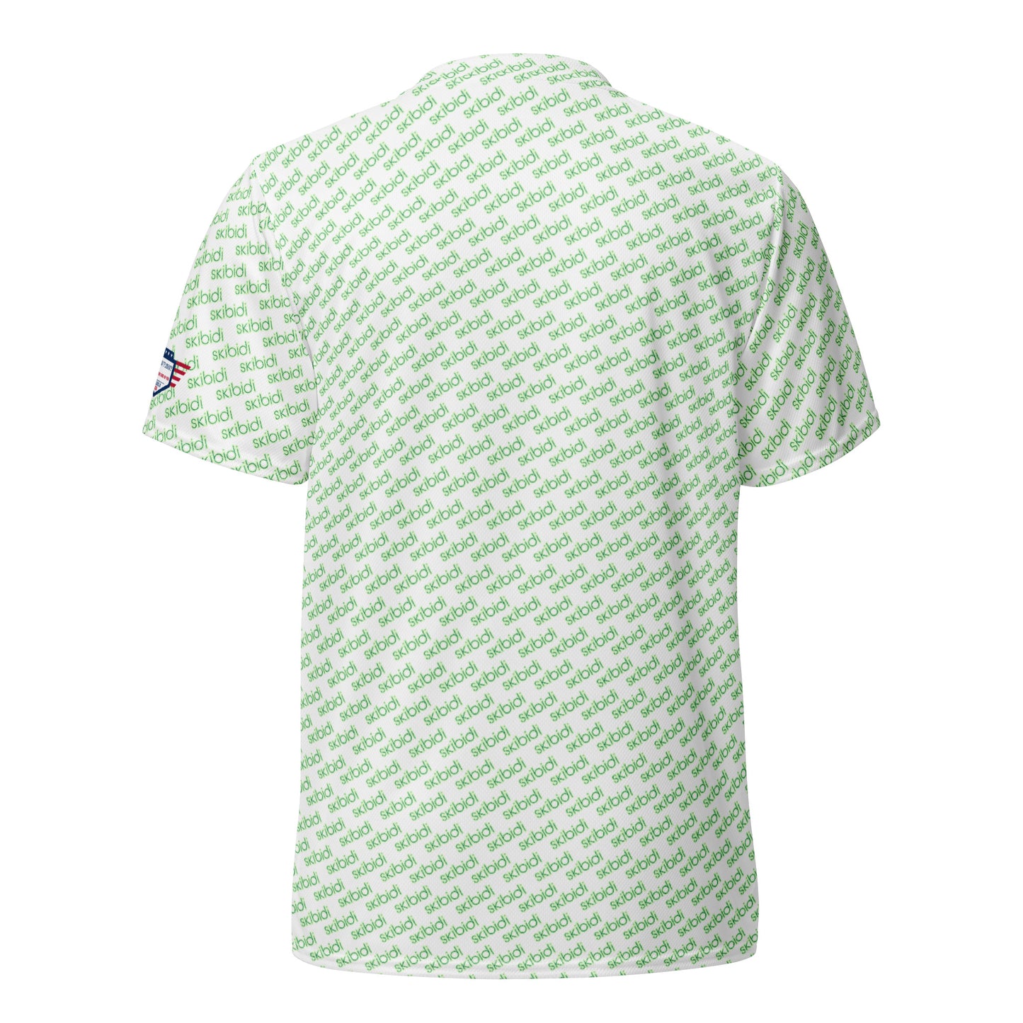 Back view of white unisex sports jersey with repeating green "skibidi" print, US flag patch on left sleeve