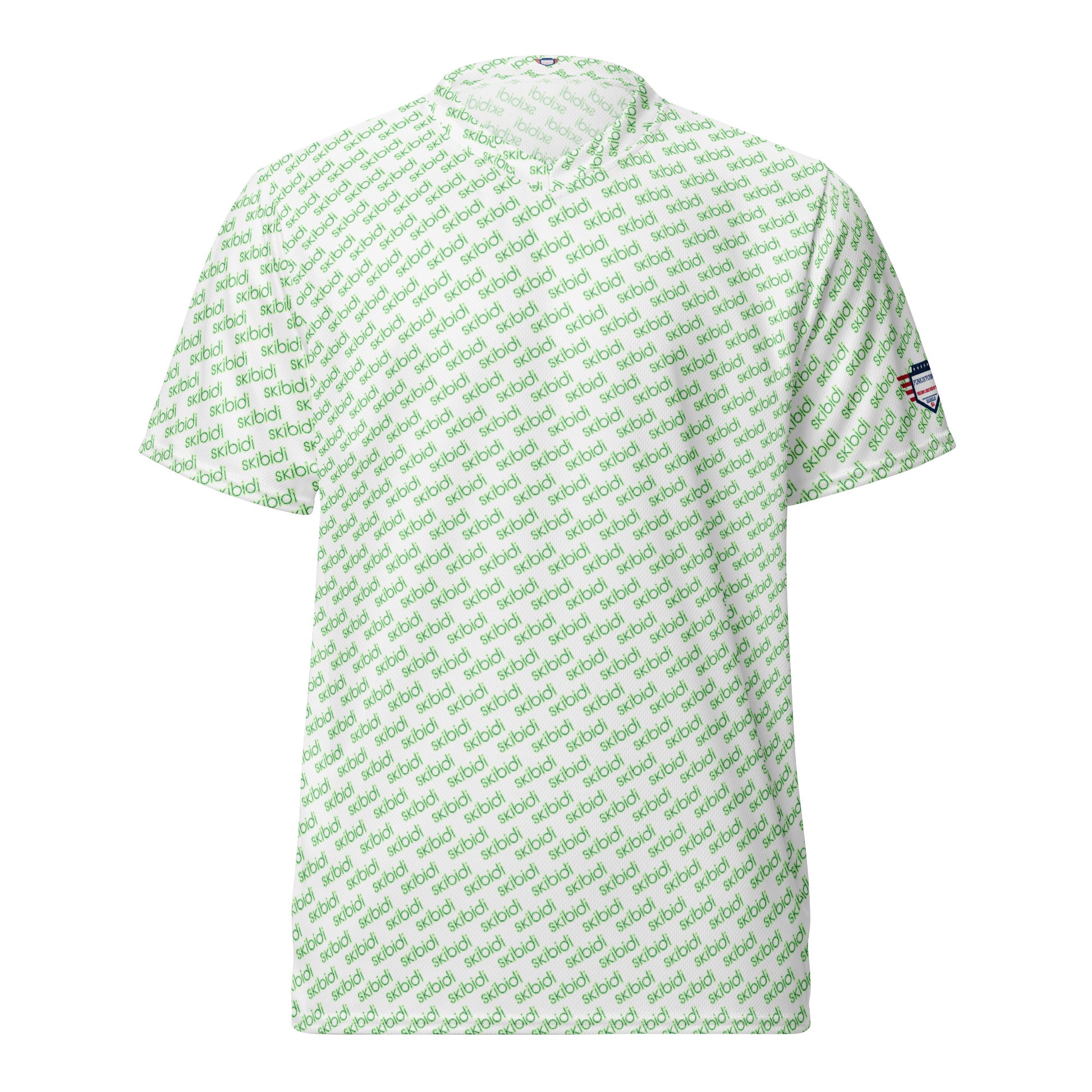 Front view of white unisex sports jersey with all-over green "skibidi" print, short sleeves, US flag patch on right sleeve