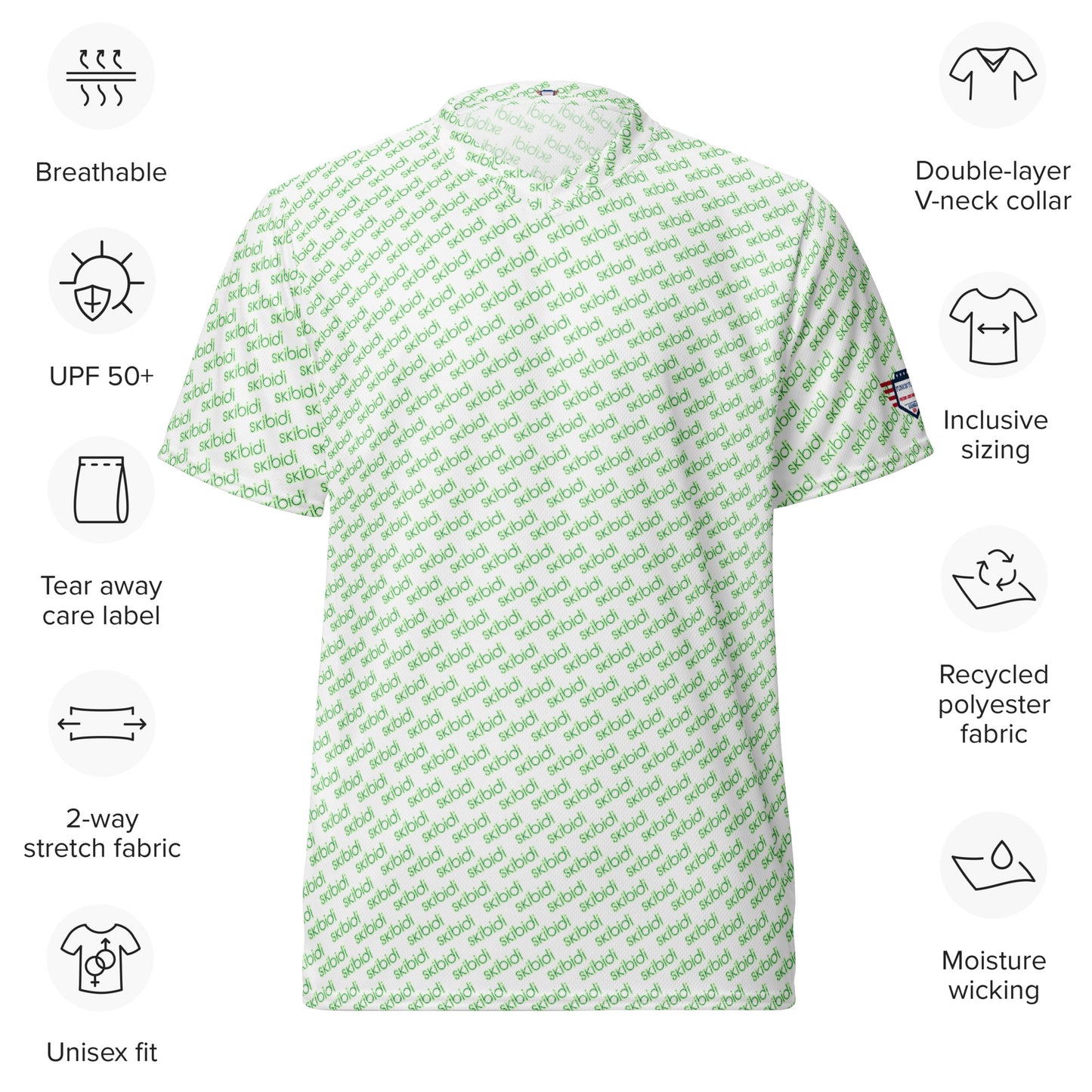 Infographic of green-on-white "skibidi" sports jersey highlighting breathable fabric, UPF50+, recycled poly, unisex fit