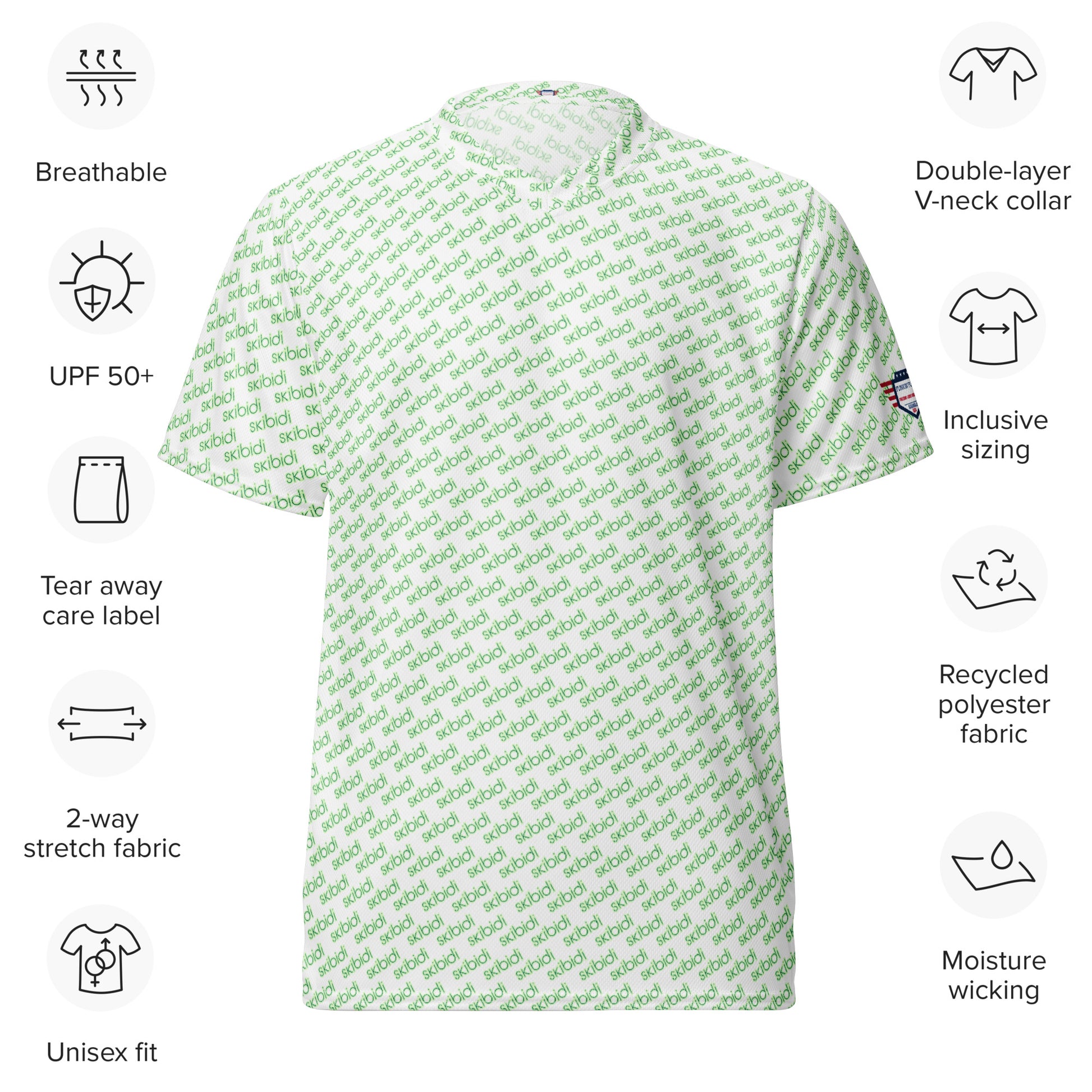 Infographic of green-on-white "skibidi" sports jersey highlighting breathable fabric, UPF50+, recycled poly, unisex fit