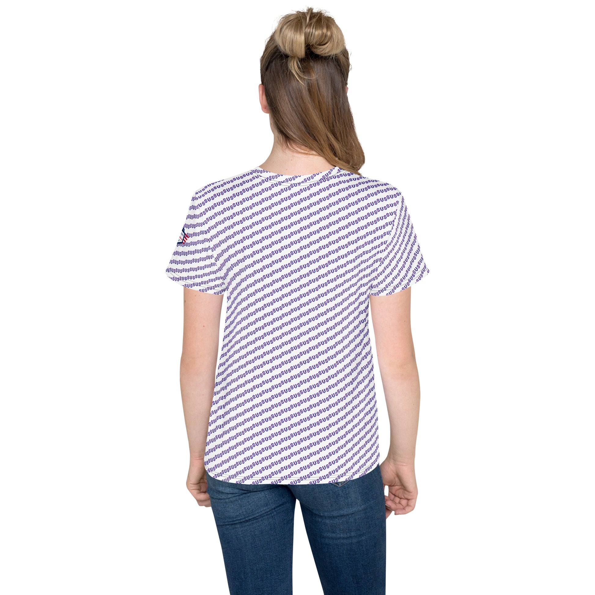 Back view of youth model in lavender purple crew neck t-shirt with all-over white diagonal stripes, ponytail, jeans