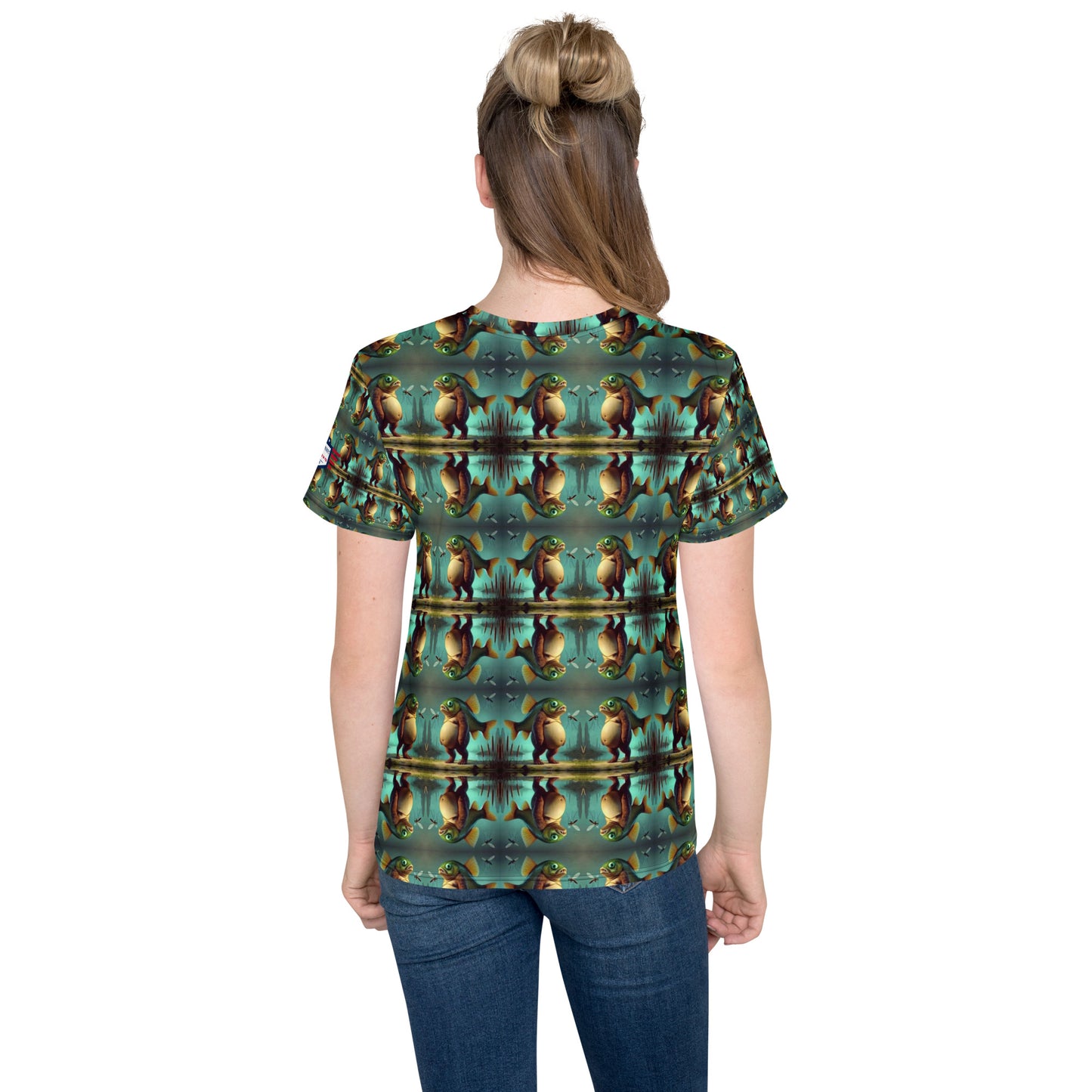 Back view of tween girl rocking Trippi Troppi youth crew tee, hypnotic teal tiger print covering every inch