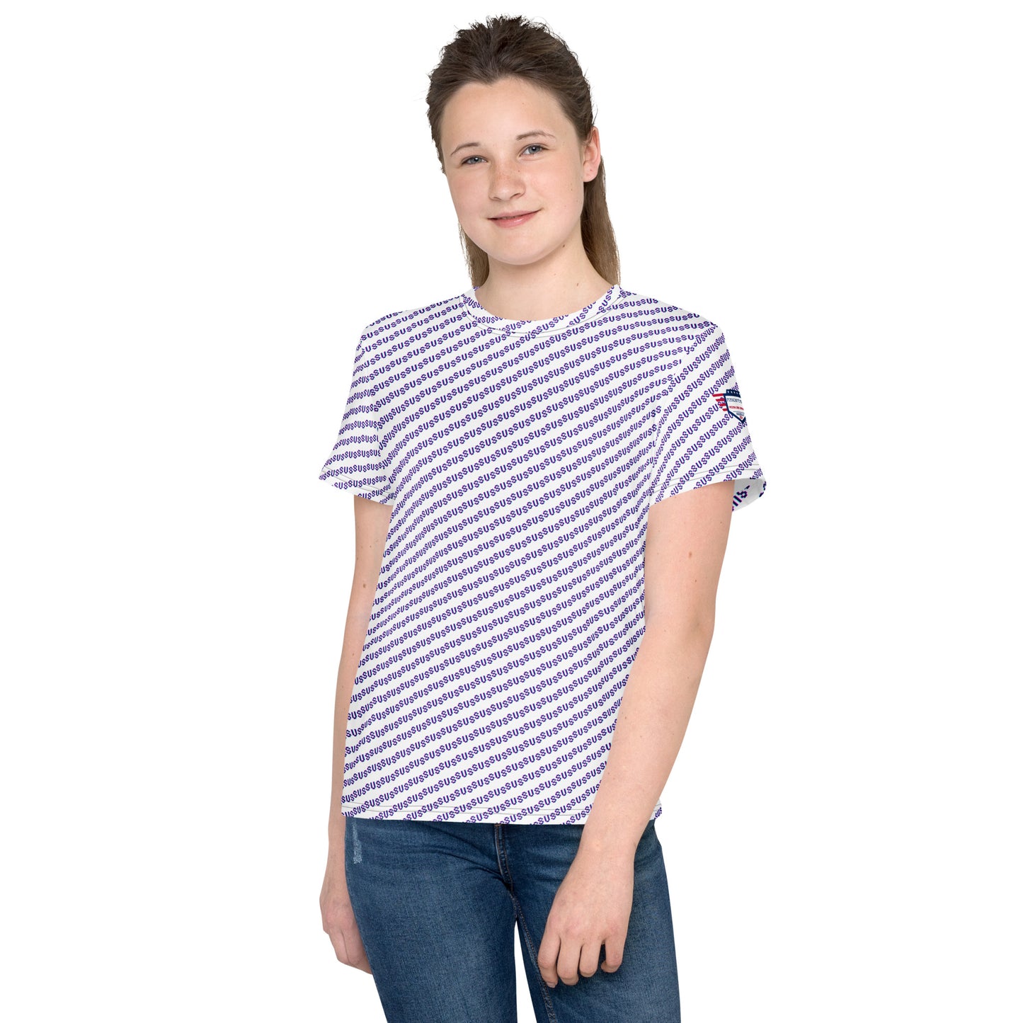 Front view of smiling youth model in lavender purple crew neck t-shirt with all-over white diagonal stripes, short sleeves, jeans