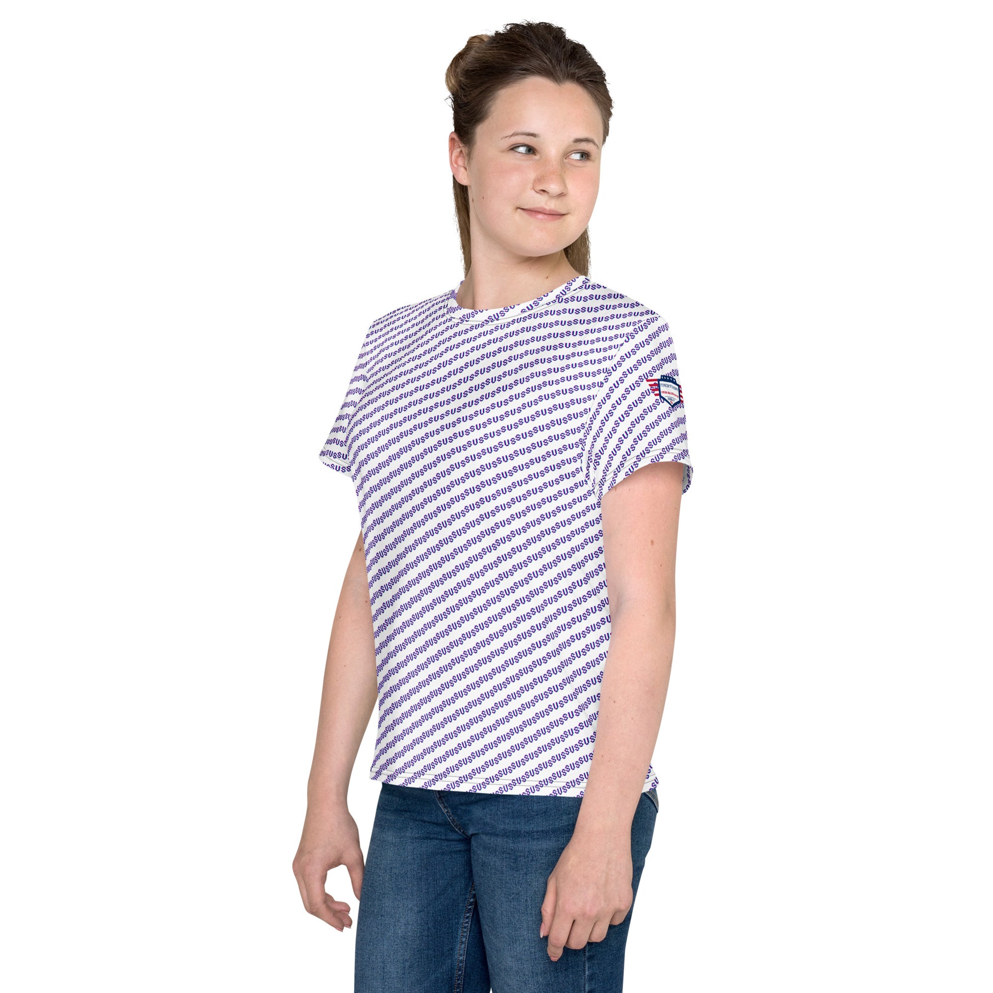 Right side view of grinning youth model in lavender purple crew neck t-shirt with white diagonal stripes, small sleeve patch