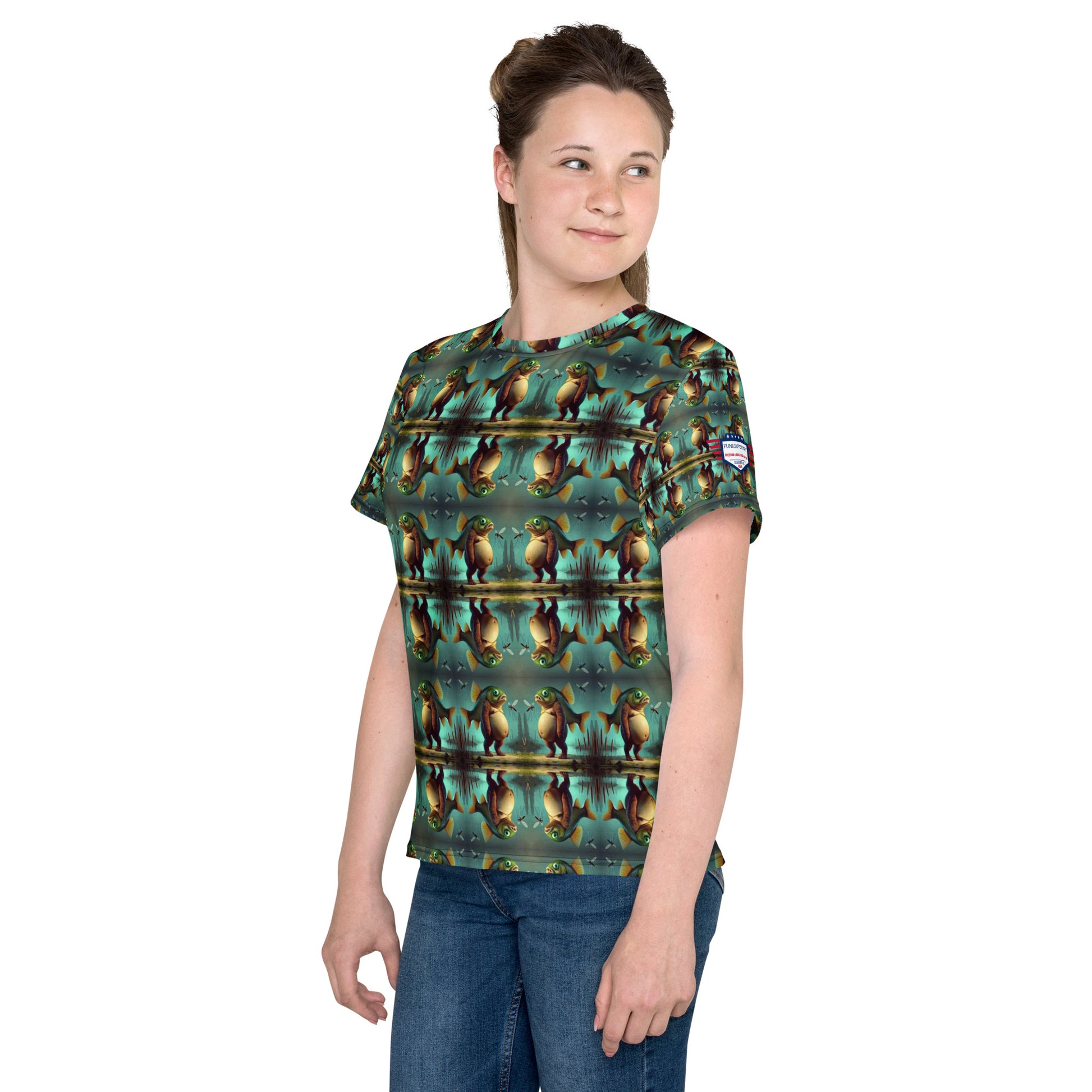 Right side view of model in Trippi Troppi youth crew neck t-shirt, seamless emerald tiger all-over print