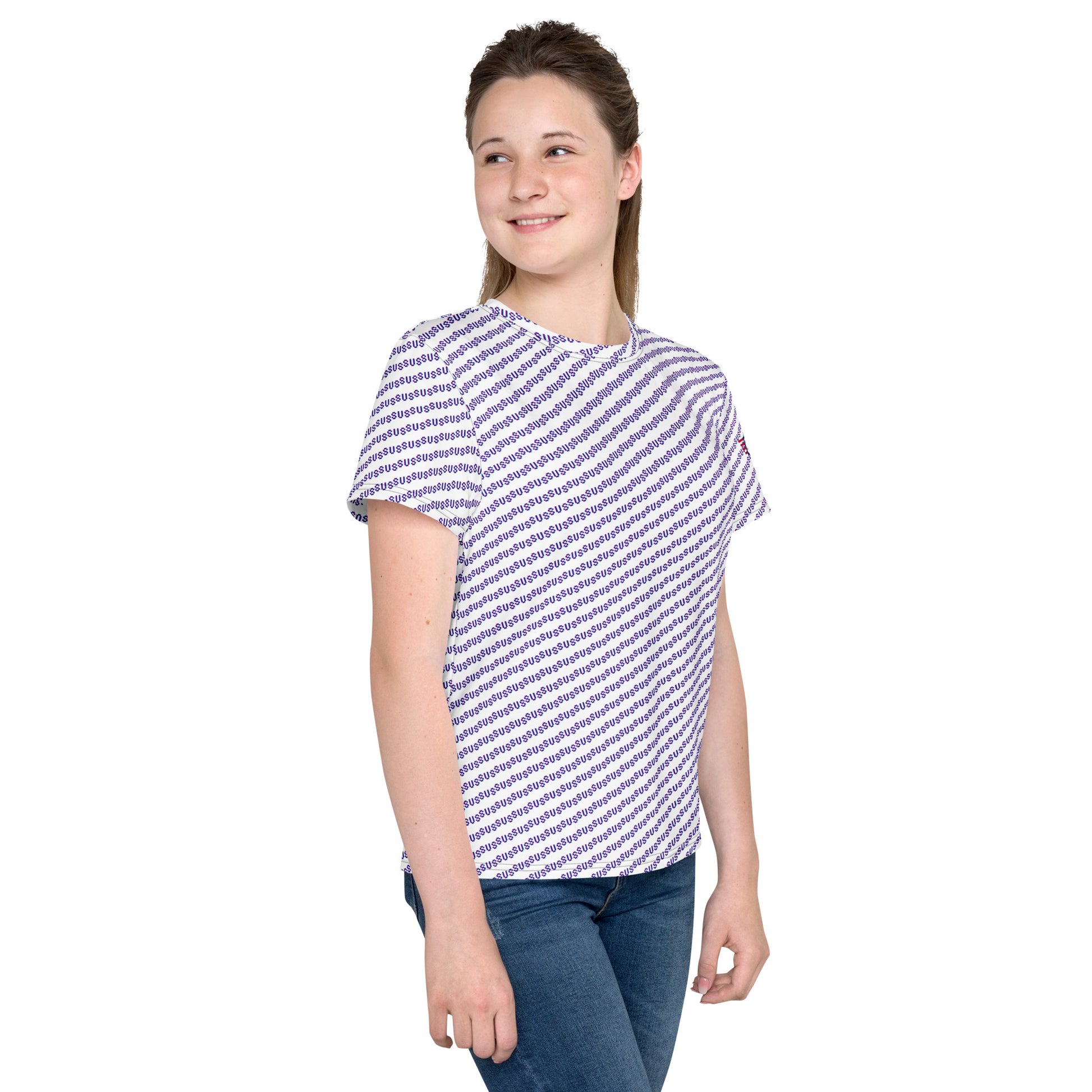 Left side view of smiling youth model in lavender purple crew neck t-shirt with white diagonal stripes, casual jeans pose