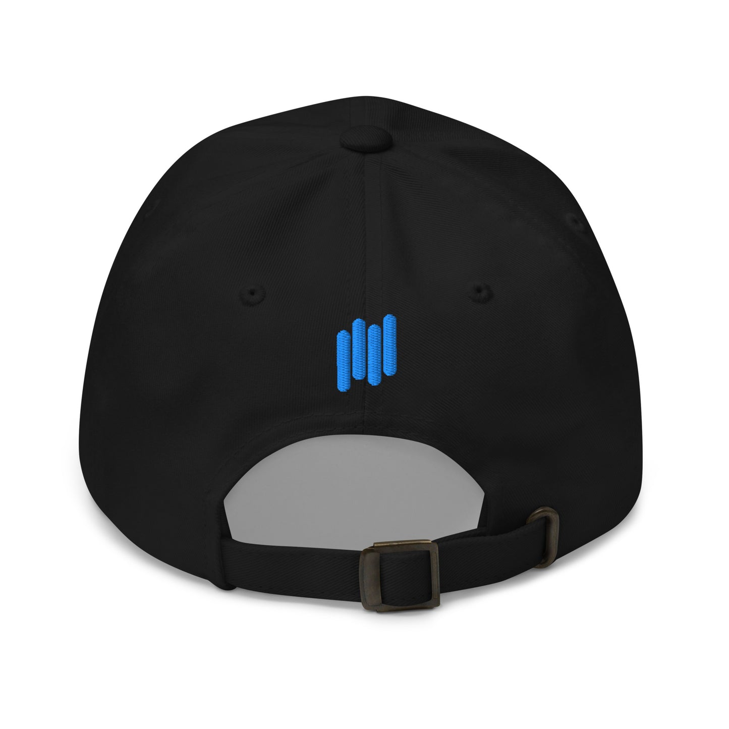 Back view of black hat with blue vertical bars embroidery and antique buckle strap