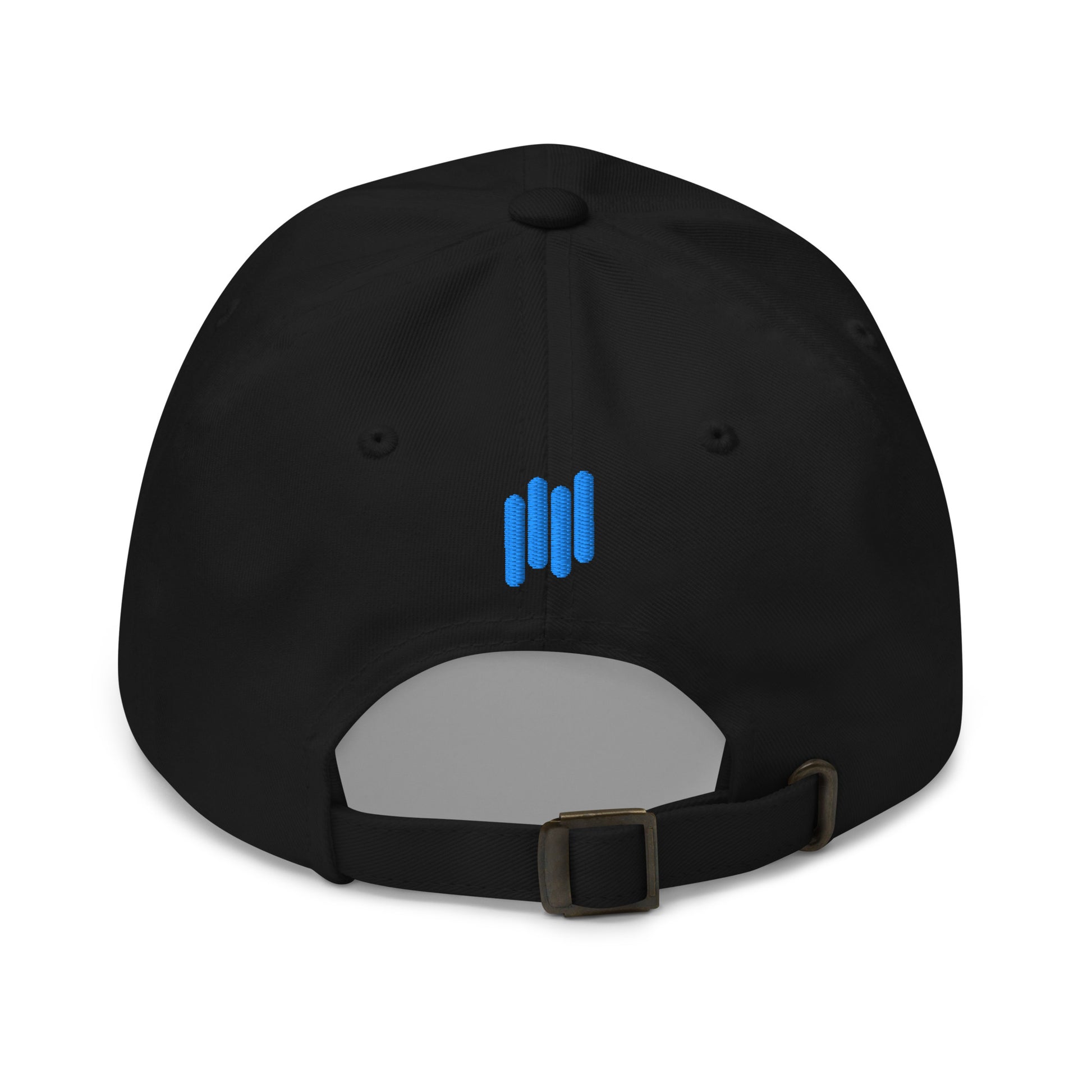 Back view of black hat with blue vertical bars embroidery and antique buckle strap