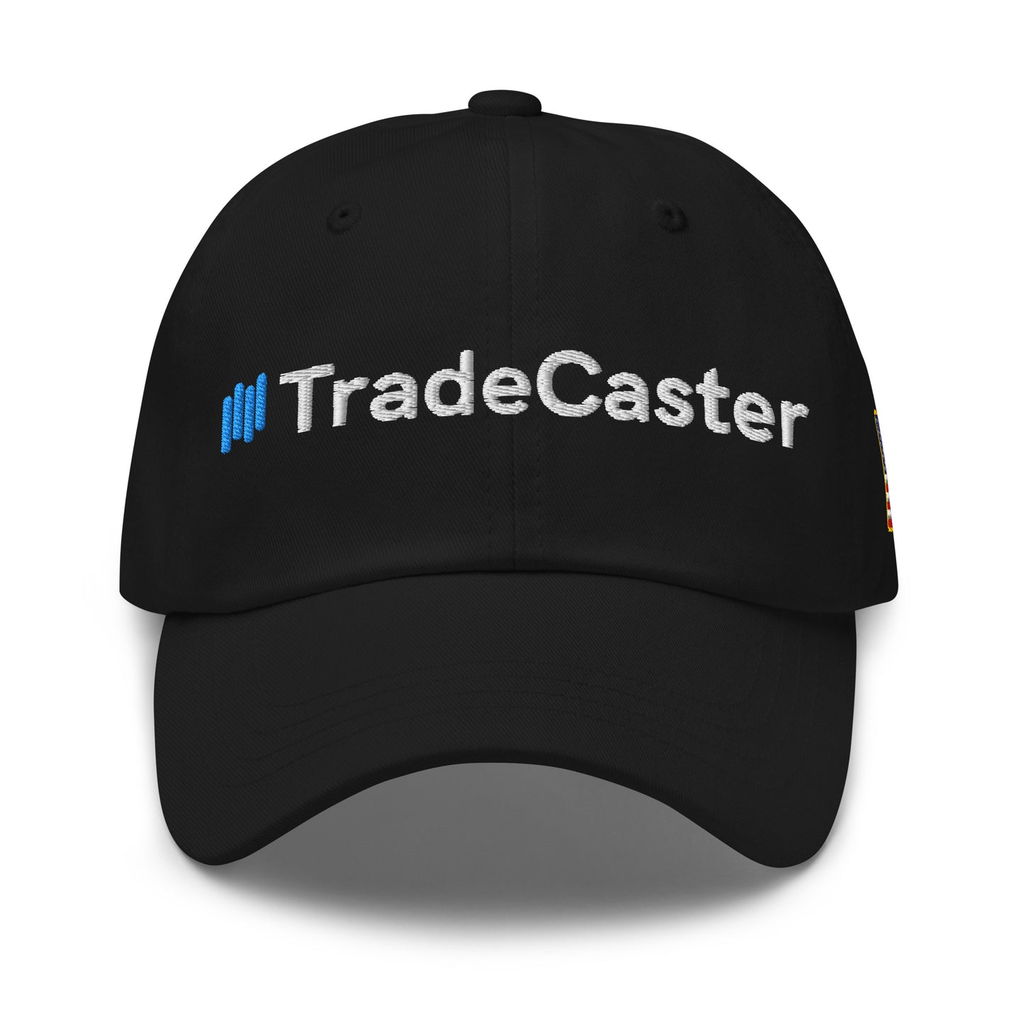 Front view of black unstructured cap with blue bars and white "TradeCaster" embroidery across the crown