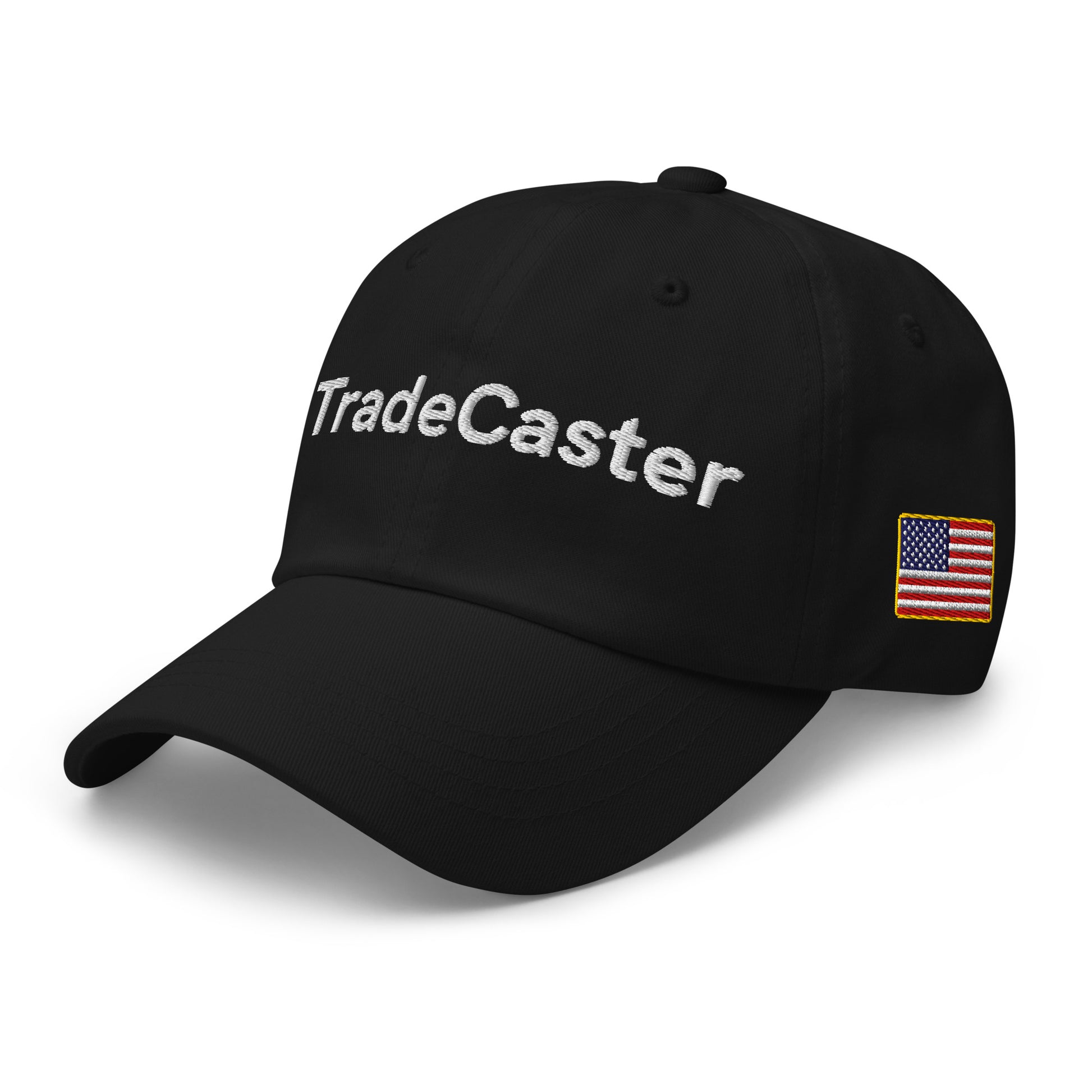 Angled front-right of black TradeCaster cap with white text embroidery and flag patch
