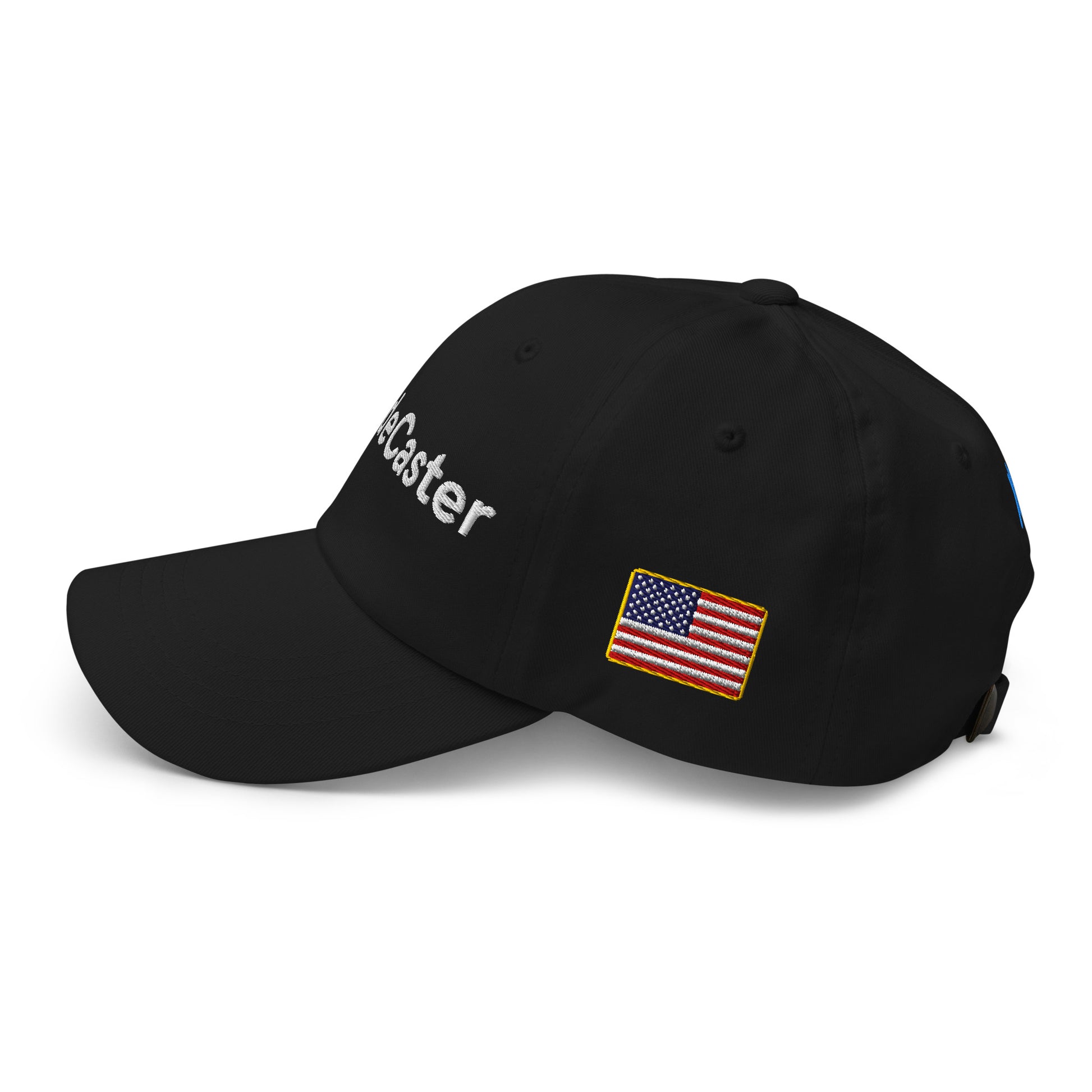 Side profile of black hat displaying "Caster" embroidery and small American flag patch
