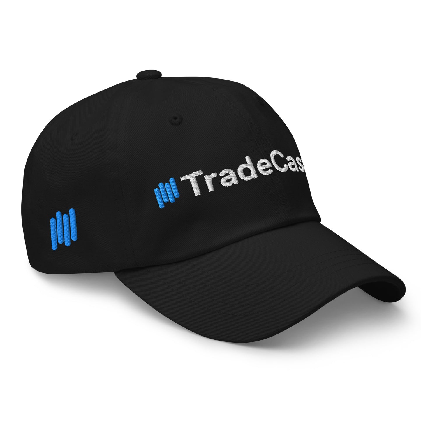 Left side angle of black cap with "TradeCas" in white embroidery and blue bars