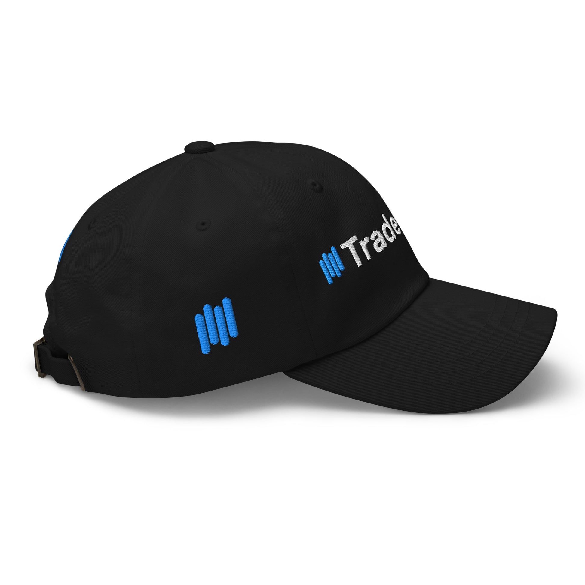 Right side view of black dad hat showing partial blue "||Trade" embroidery