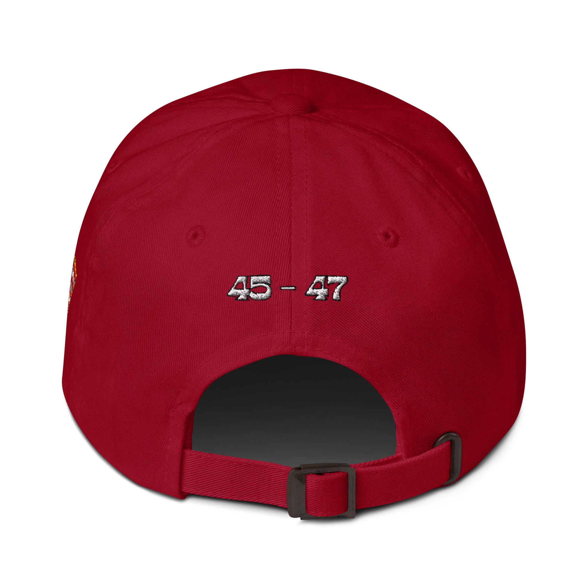 Back view of red hat with white "45-47" embroidery, stars, and adjustable strap buckle