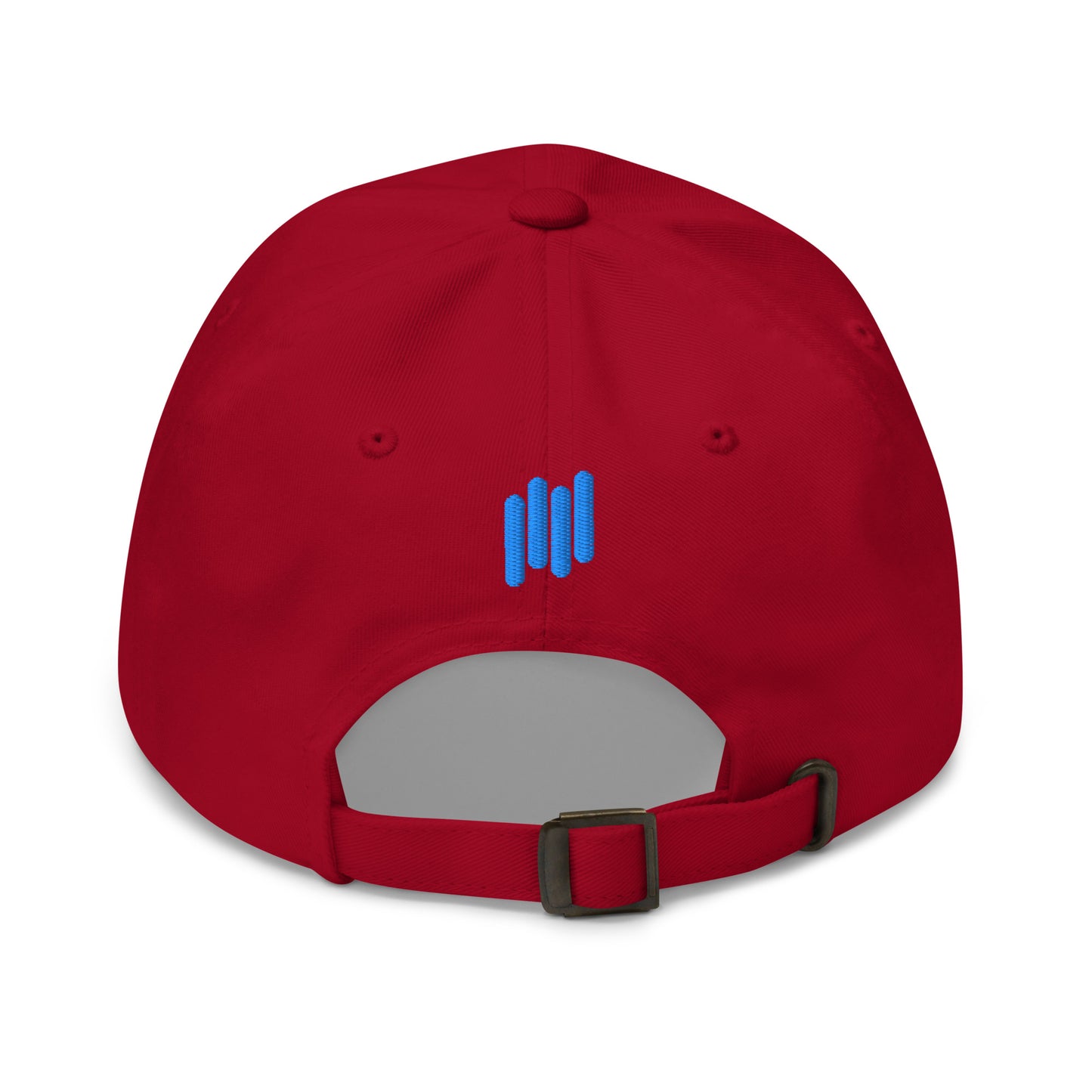 Back view of cranberry red hat with blue vertical bar "|||" embroidery and antique buckle strap