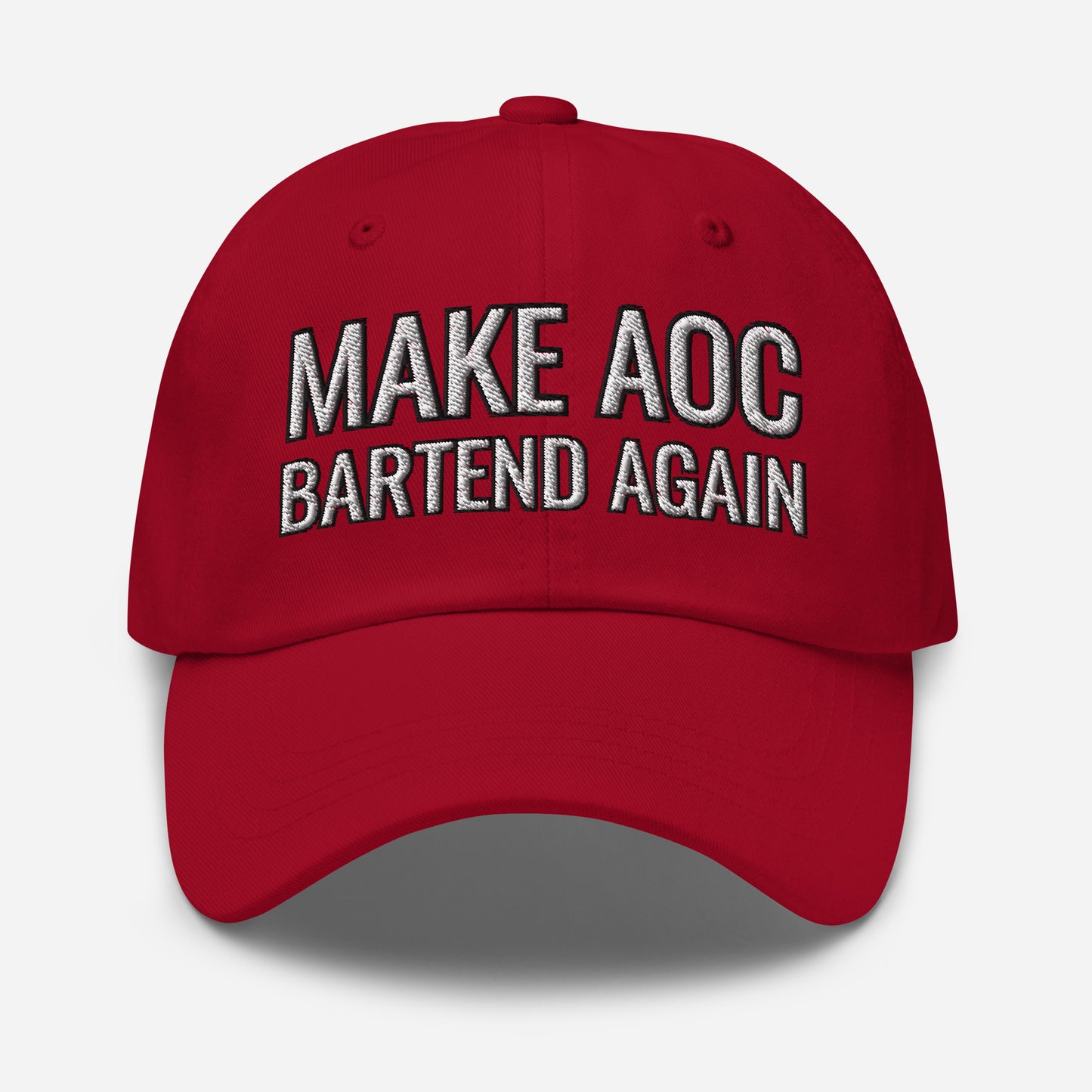 Straight-on front view of unstructured red dad hat, bold white "Make AOC Bartend Again" embroidery