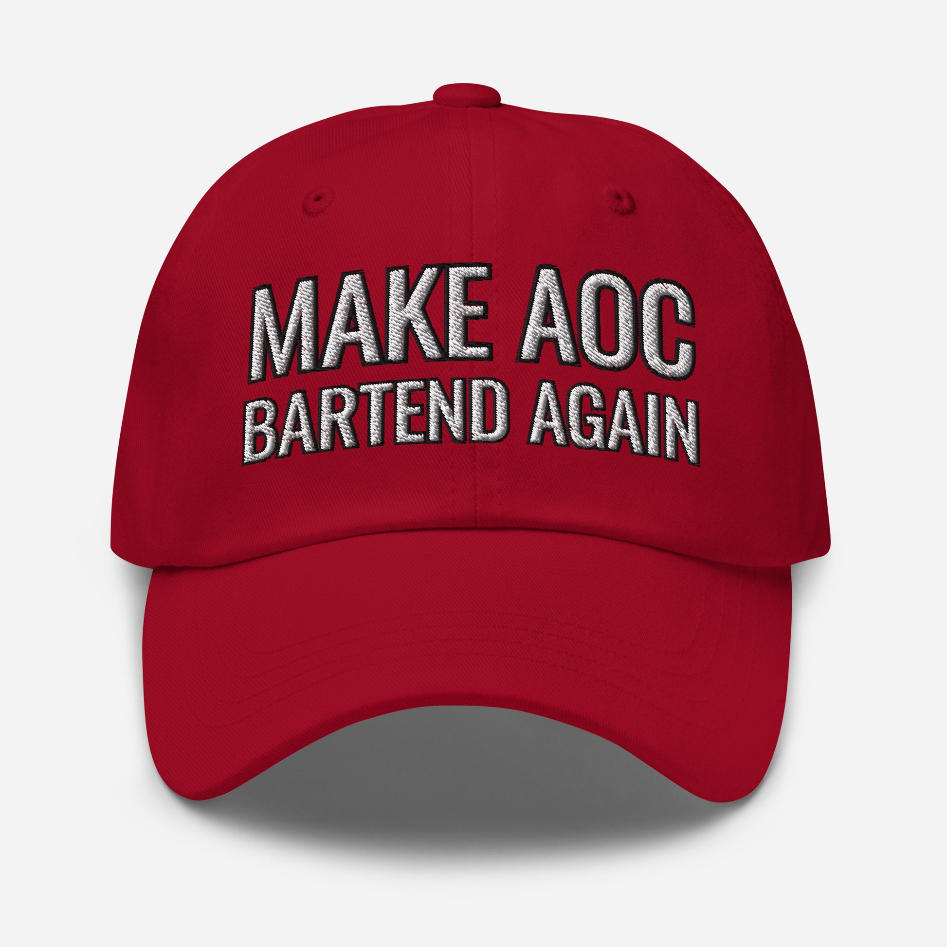 Straight-on front view of unstructured red dad hat, bold white "Make AOC Bartend Again" embroidery
