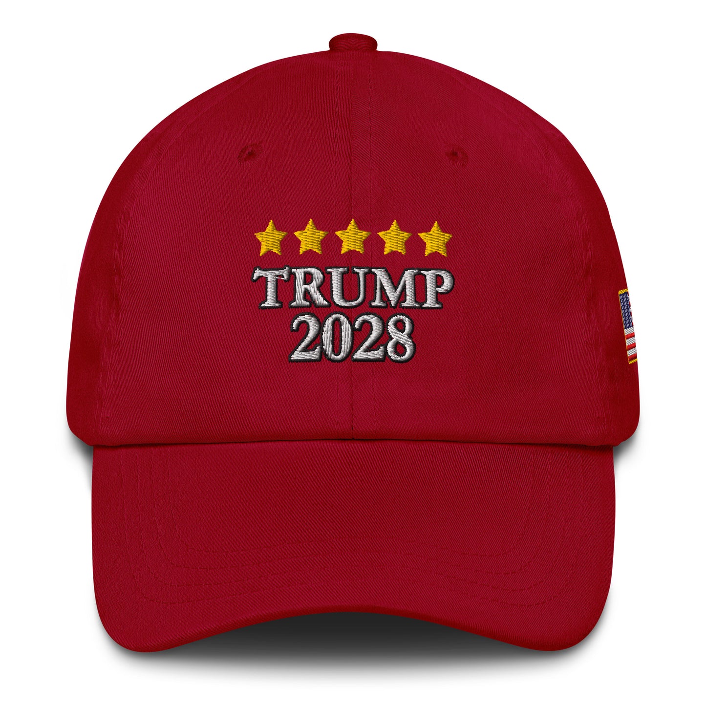 Front view of red dad hat with yellow star embroidery above bold white "TRUMP 2028" and small US flag patch