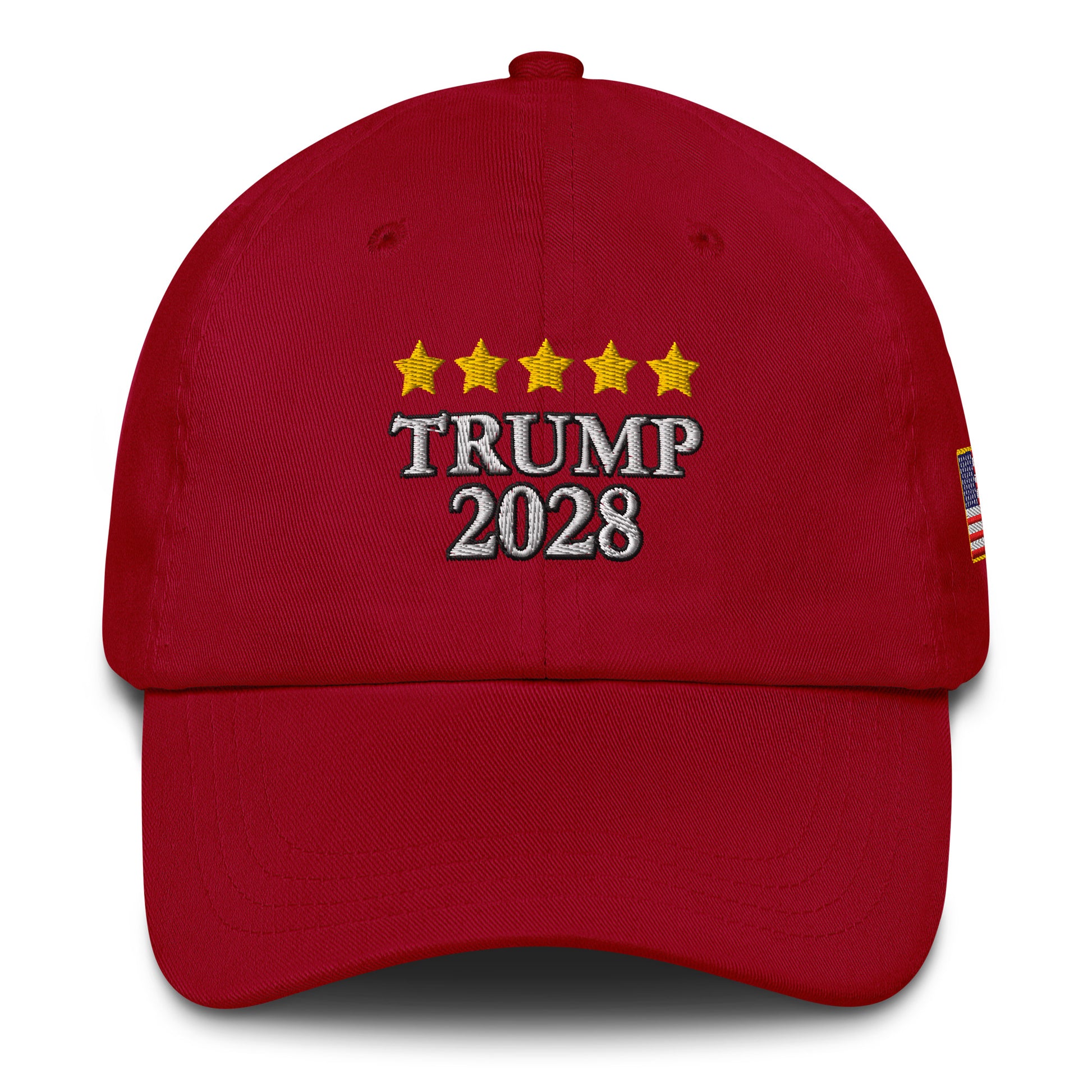 Front view of red dad hat with yellow star embroidery above bold white "TRUMP 2028" and small US flag patch