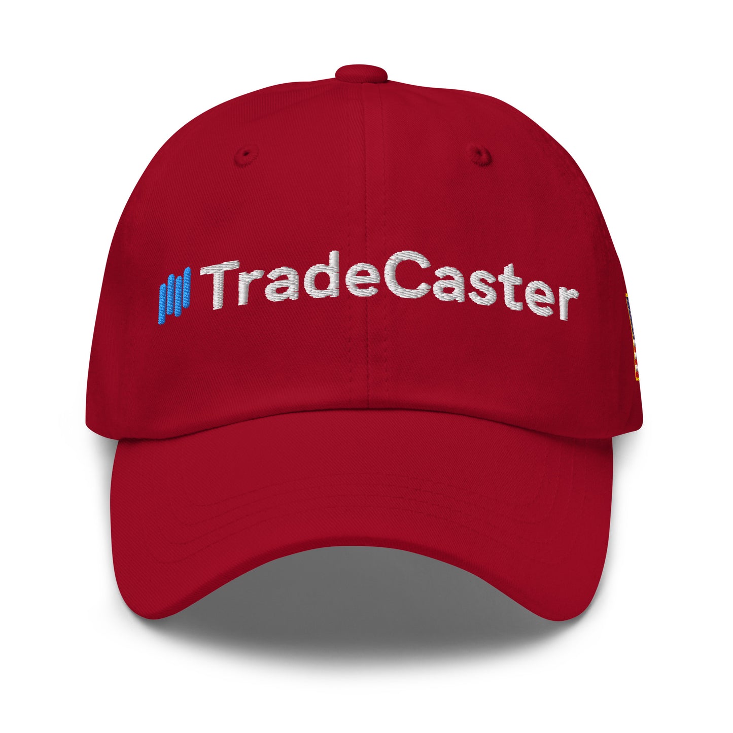 Front view of cranberry red TradeCaster hat with white "||TradeCaster" embroidery accented in blue