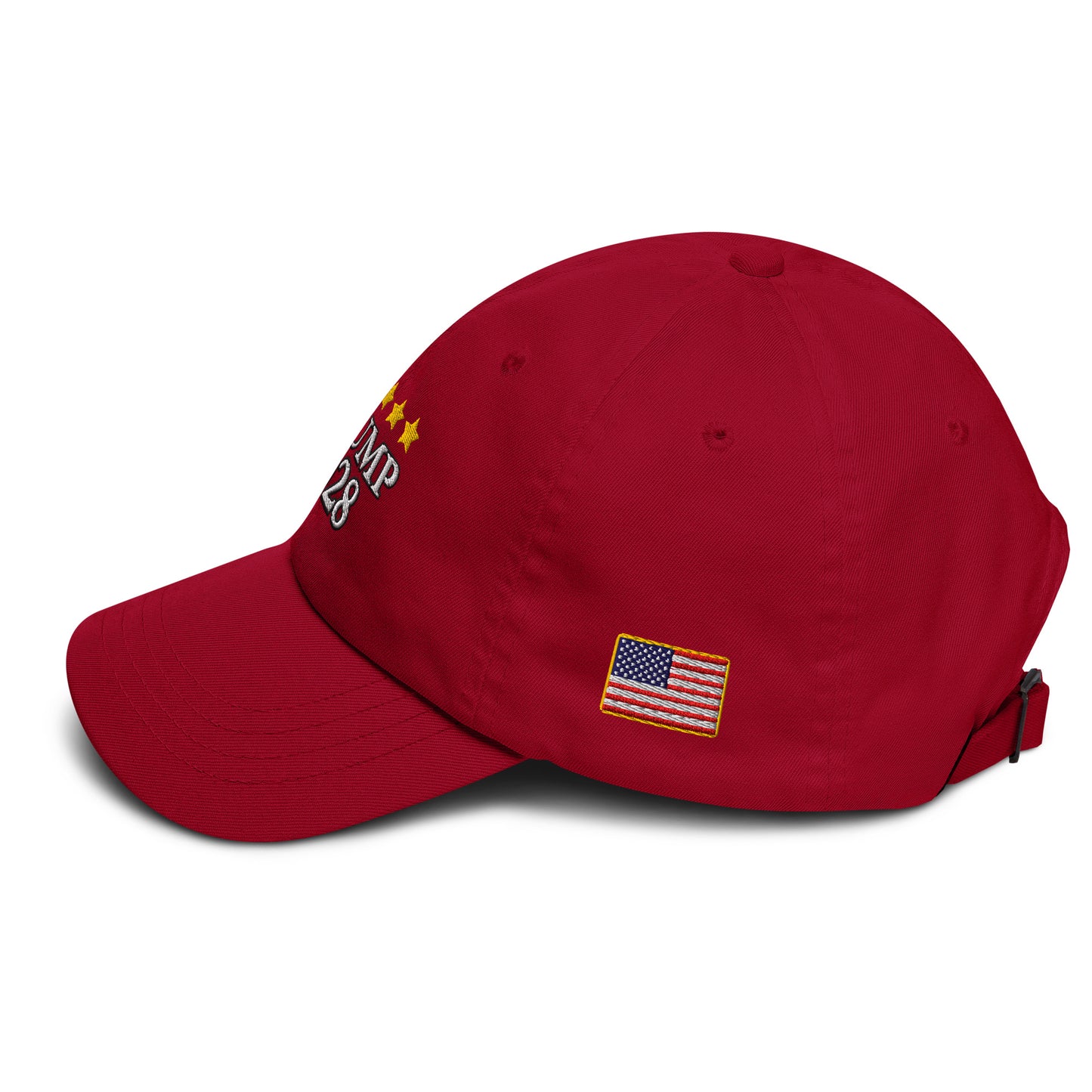 Left side view of red dad hat with partial white "TRUMP 2028" embroidery, gold stars, and US flag patch