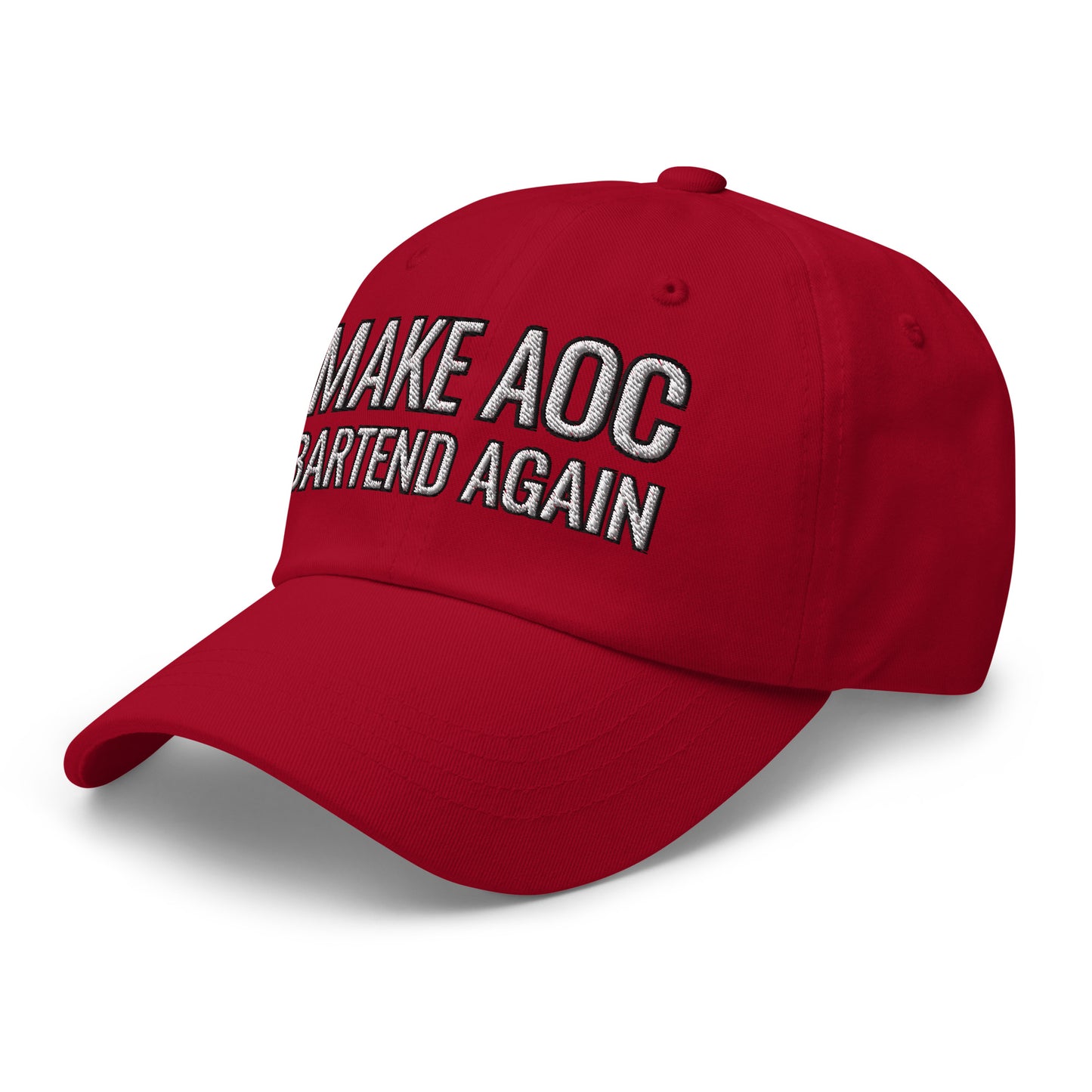 Angled front-right view of red dad hat with full white "Make AOC Bartend Again" embroidery and curved visor