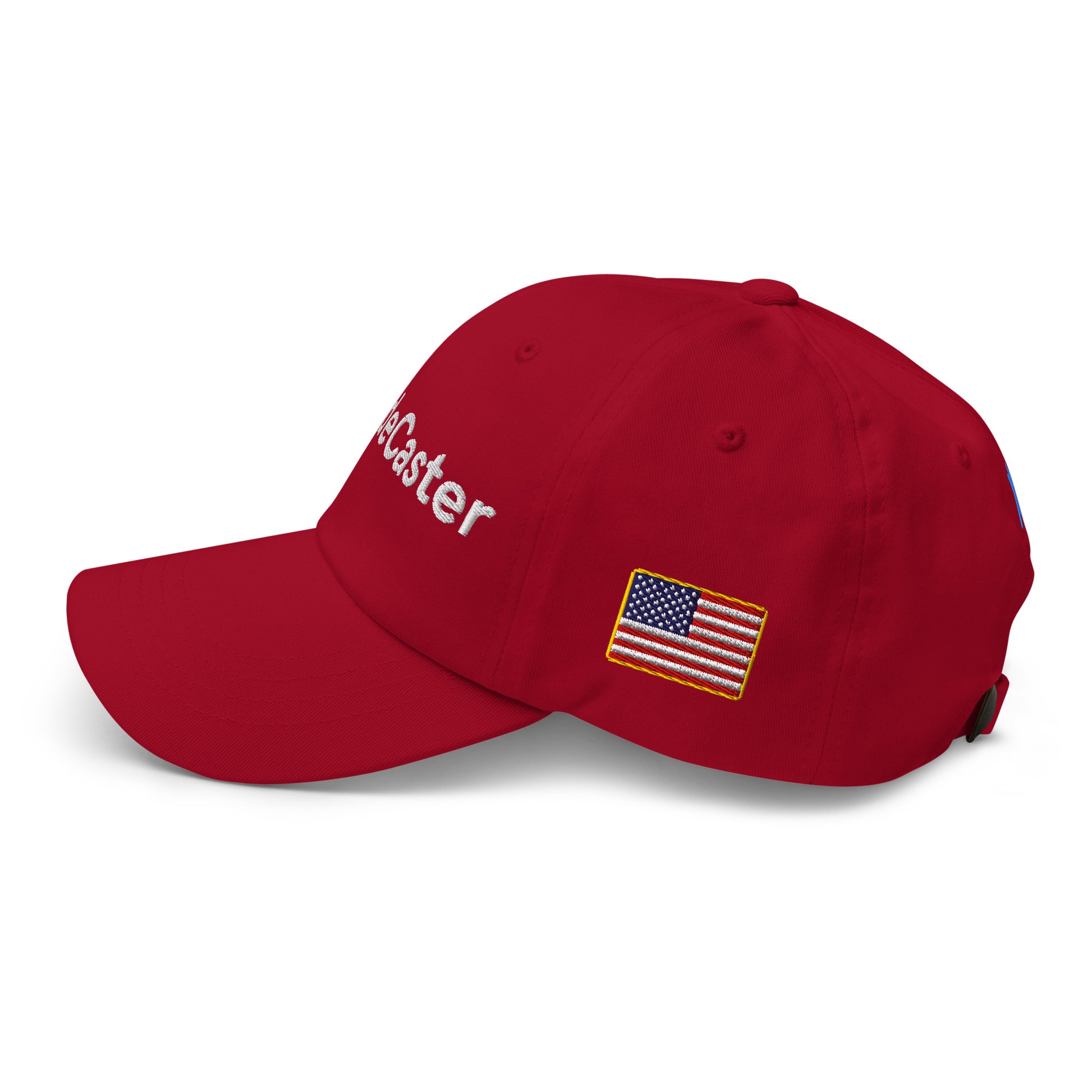 Side profile of cranberry red hat with "TradeCaster" embroidery and small US flag patch